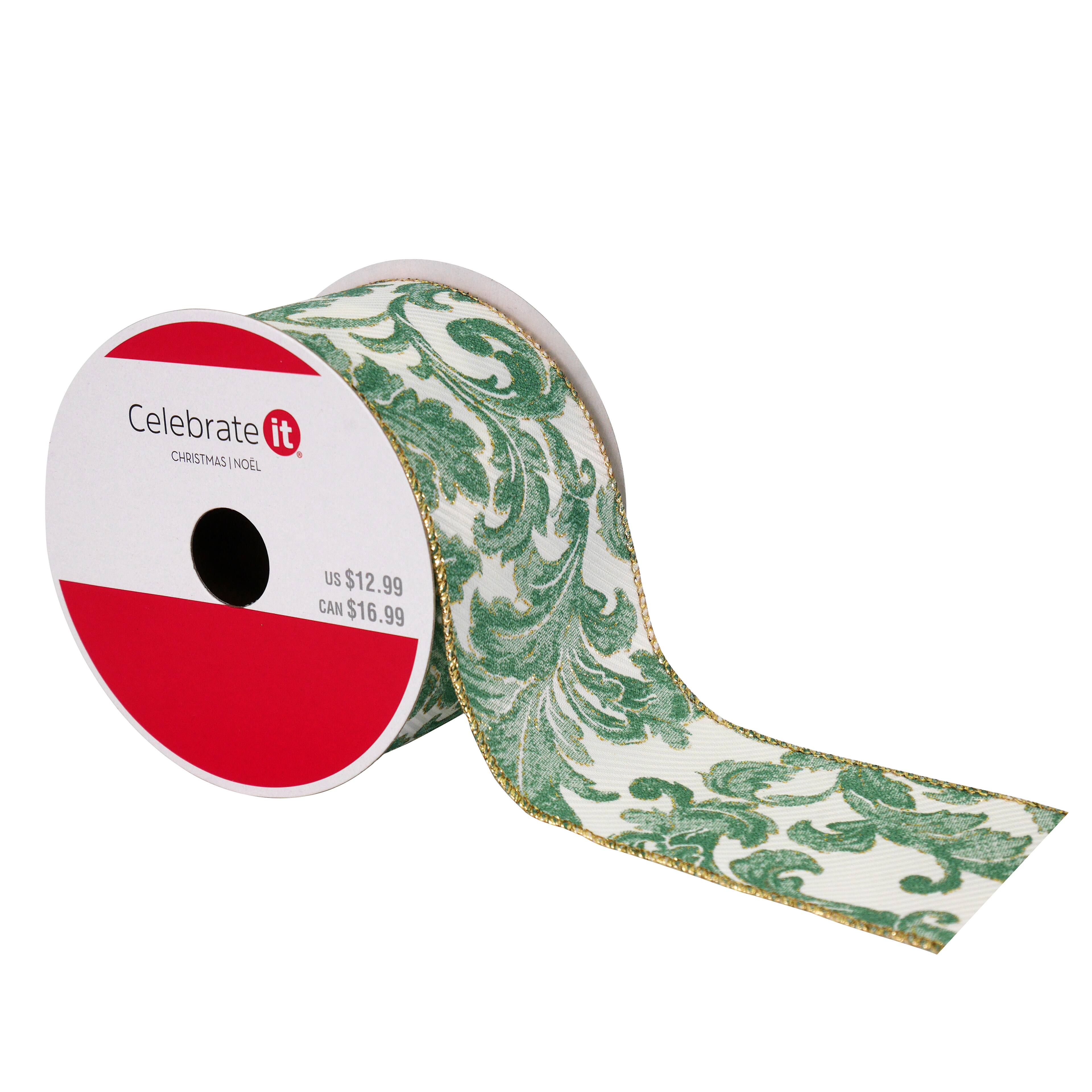 Ruban serg&#xE9; damass&#xE9; couleur sauge et dor&#xE9; de 6,3&#xA0;cm x 6&#xA0;m avec fil m&#xE9;tallique No&#xEB;l de Celebrate It