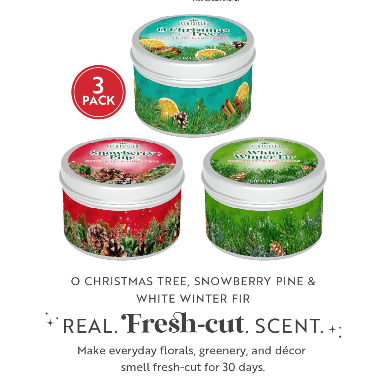 Scentsicles Candles White Winter Fir, O Christmas Tree and Snowberry Pine, 3 pack