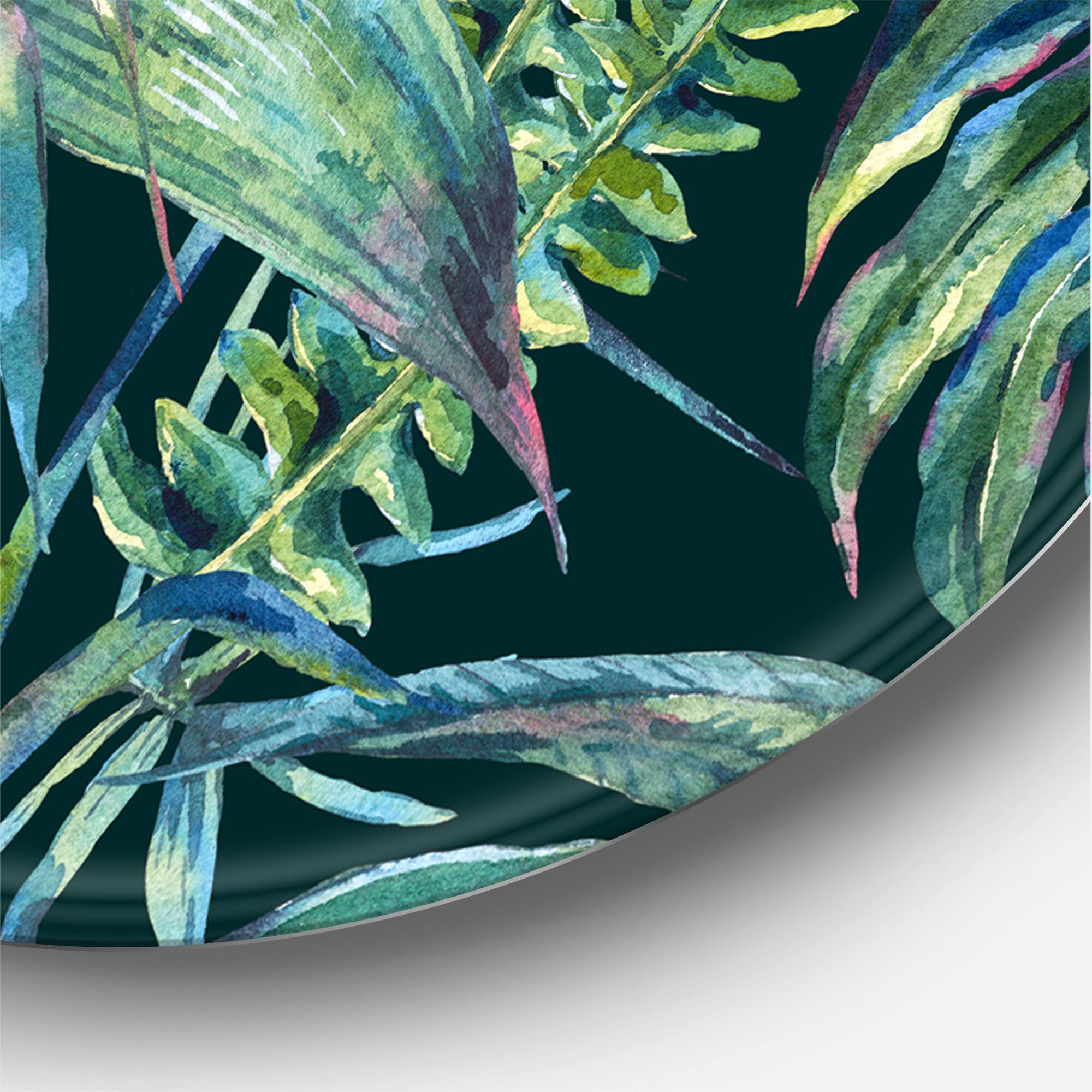 Designart - Natural Leaves Exotic On Dark I - Tropical Metal Circle Wall Art