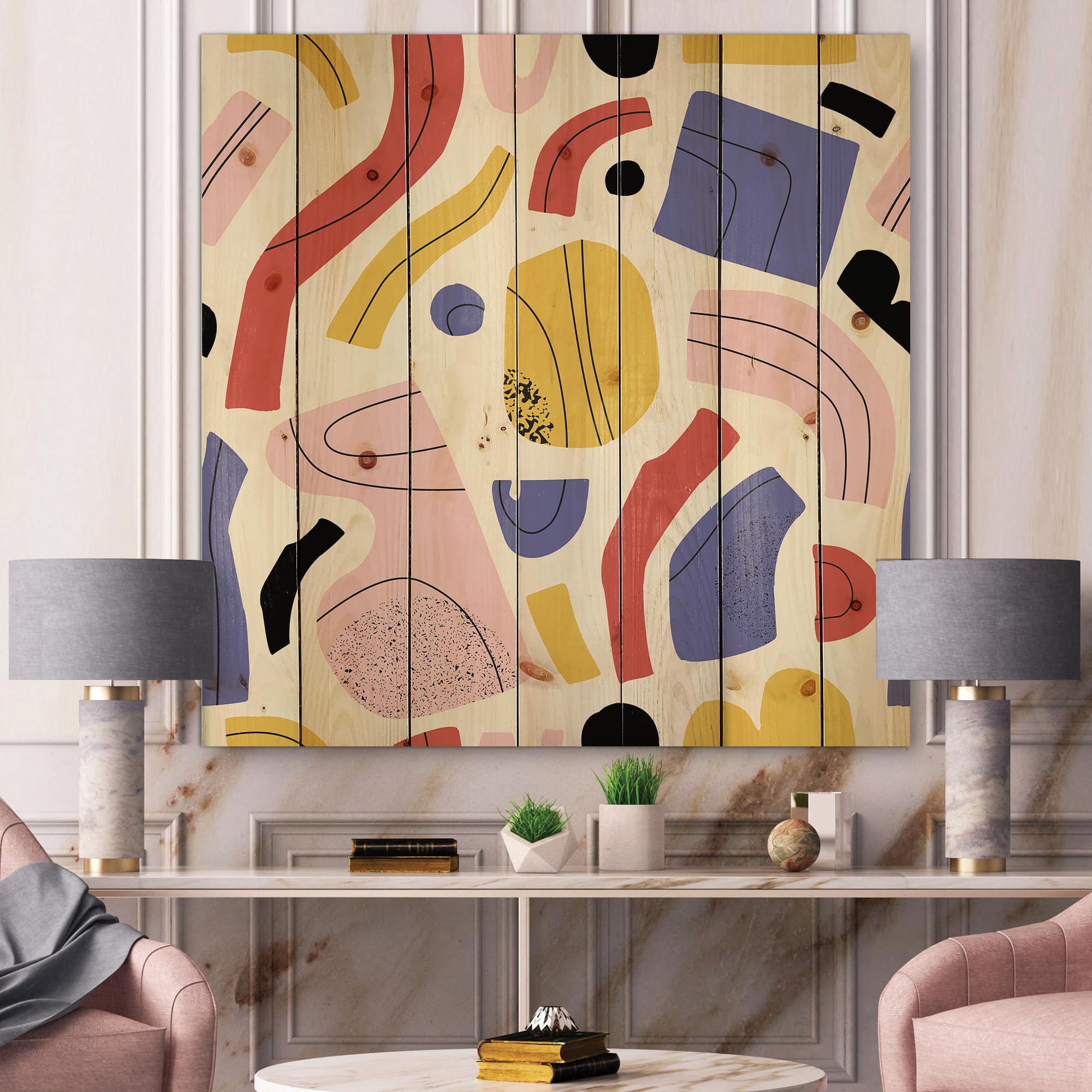 Designart - Organic and Elements In Red Yellow and Pink - Modern Print on Natural Pine Wood