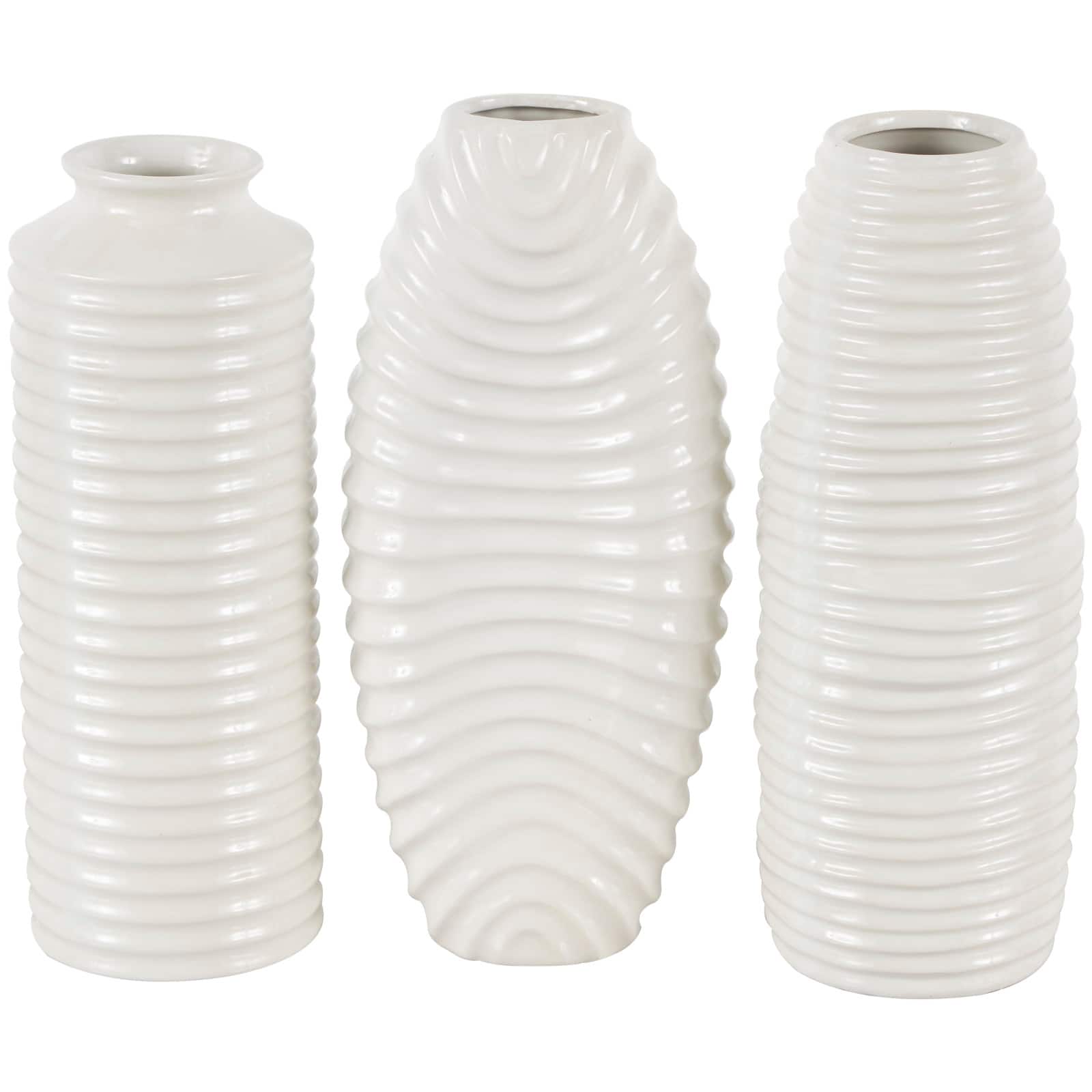 White Ceramic Dimensional Ribbed Vase with Varying Shapes Set