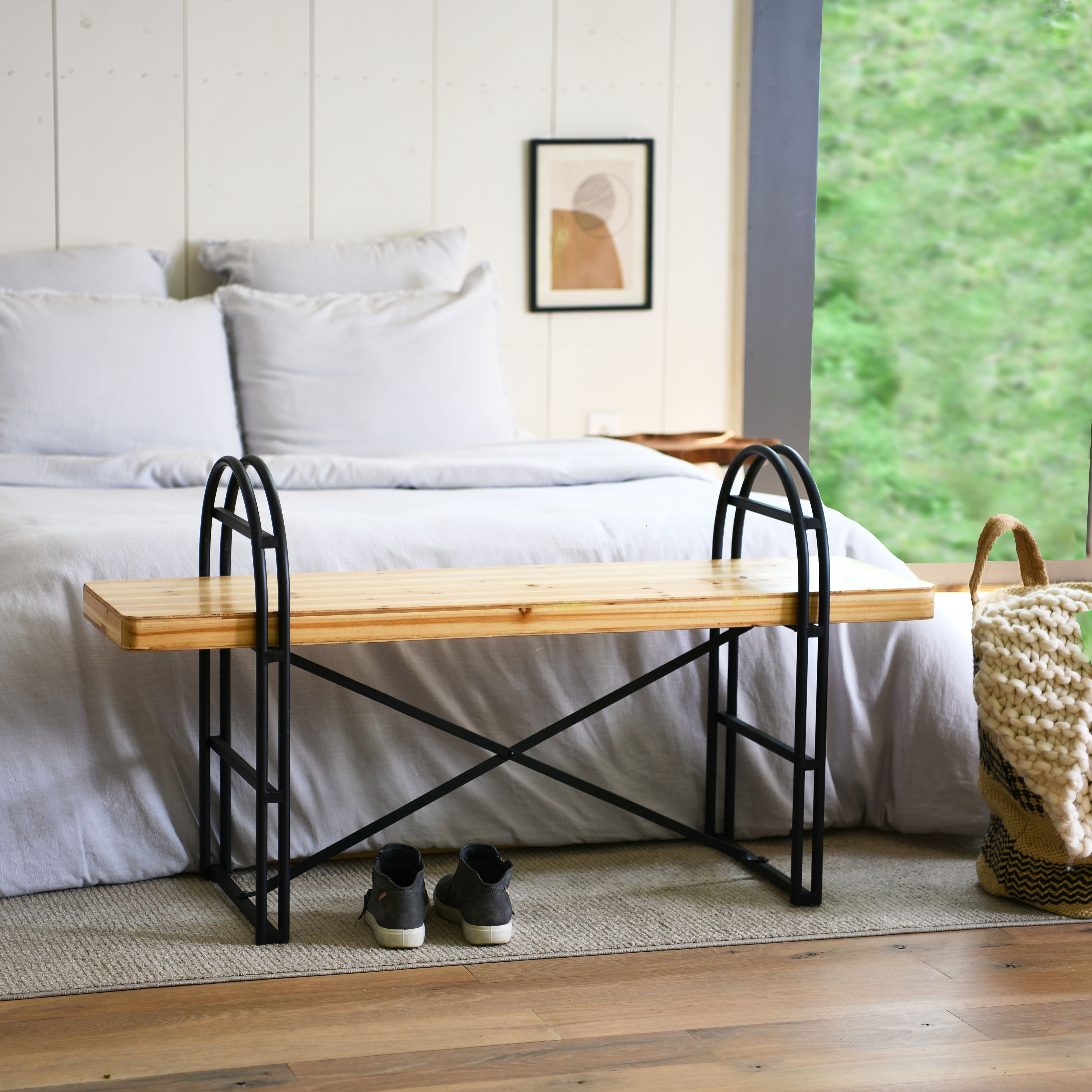 48&#x22; Light Brown Driftwood &#x26; Black Iron Bench