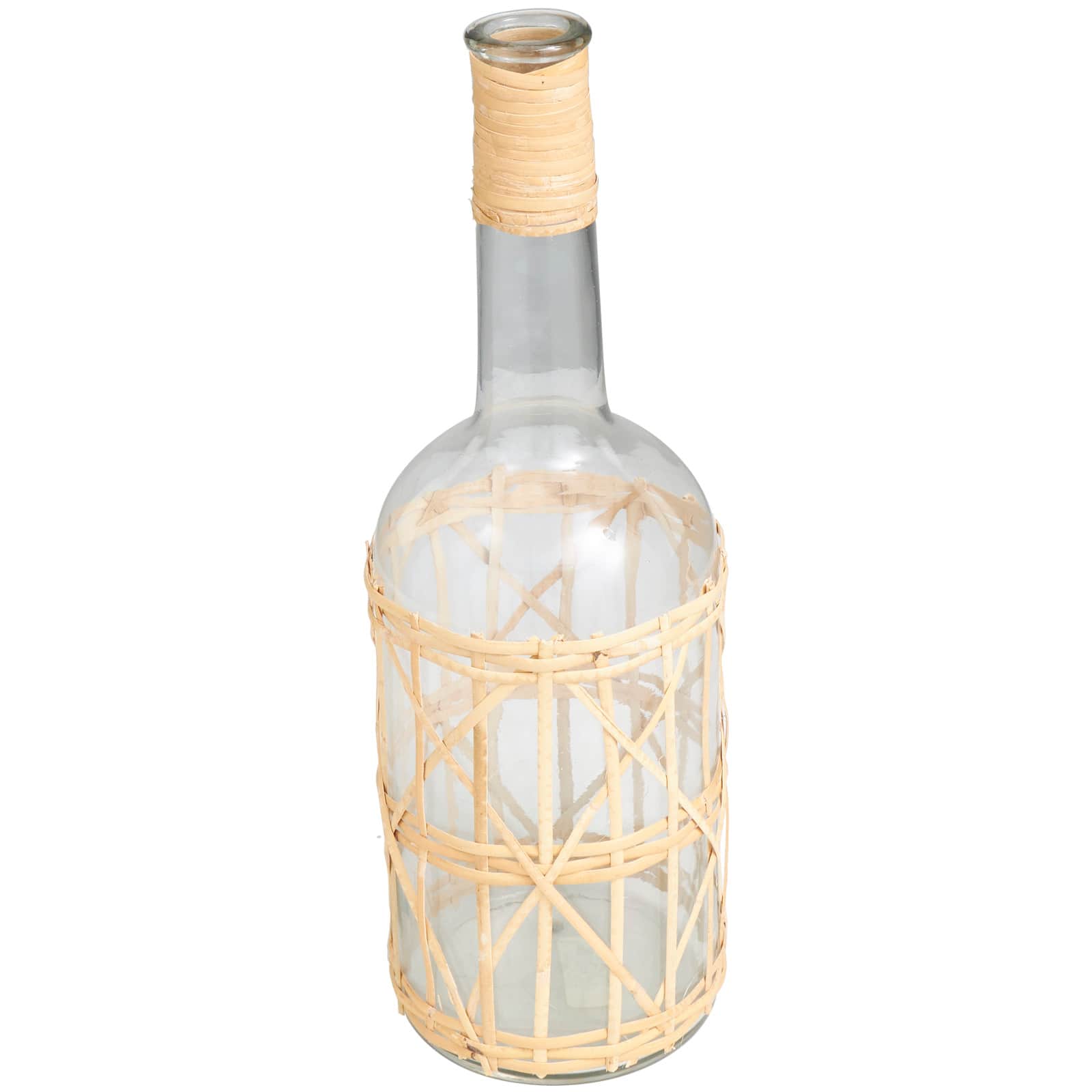 19" Clear Glass Handmade Vase with Light Brown Rattan Woven Body & Neck