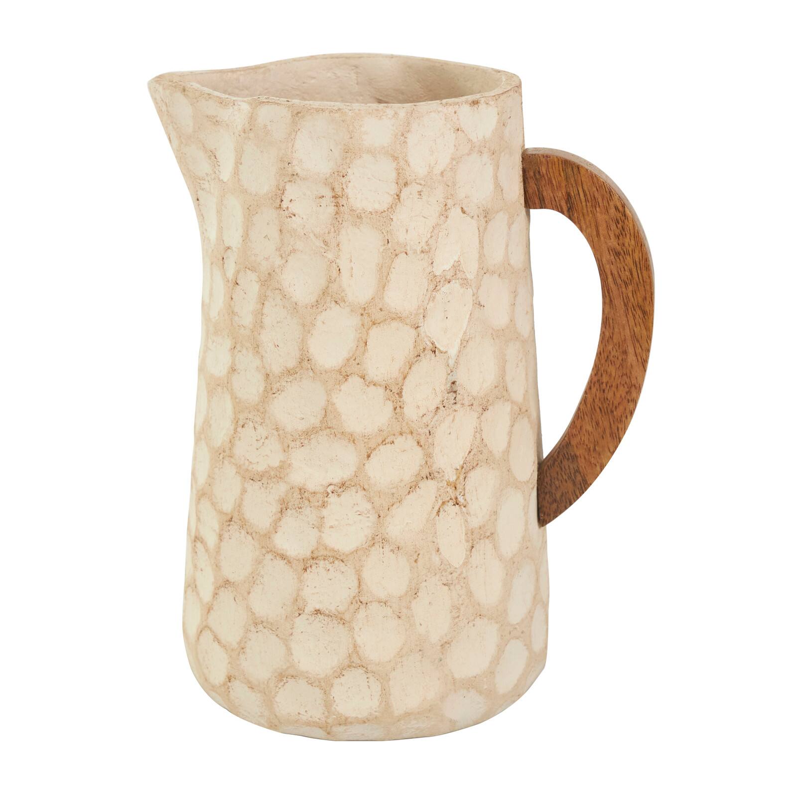 Beige Paper Mache Honeycomb Inspired Jug Vase with Wooden Handle Set