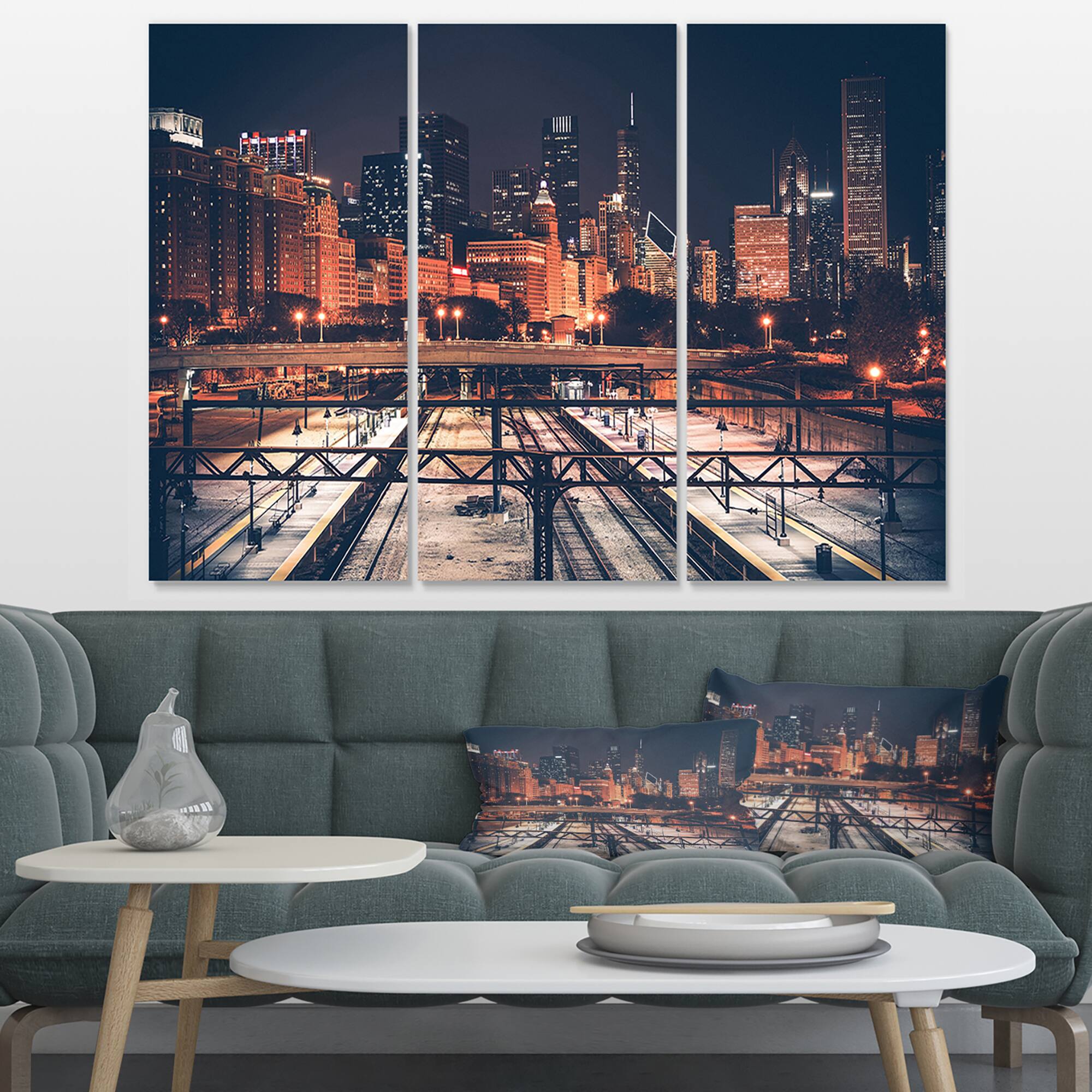 Designart - Dark Chicago Skyline and Railroad