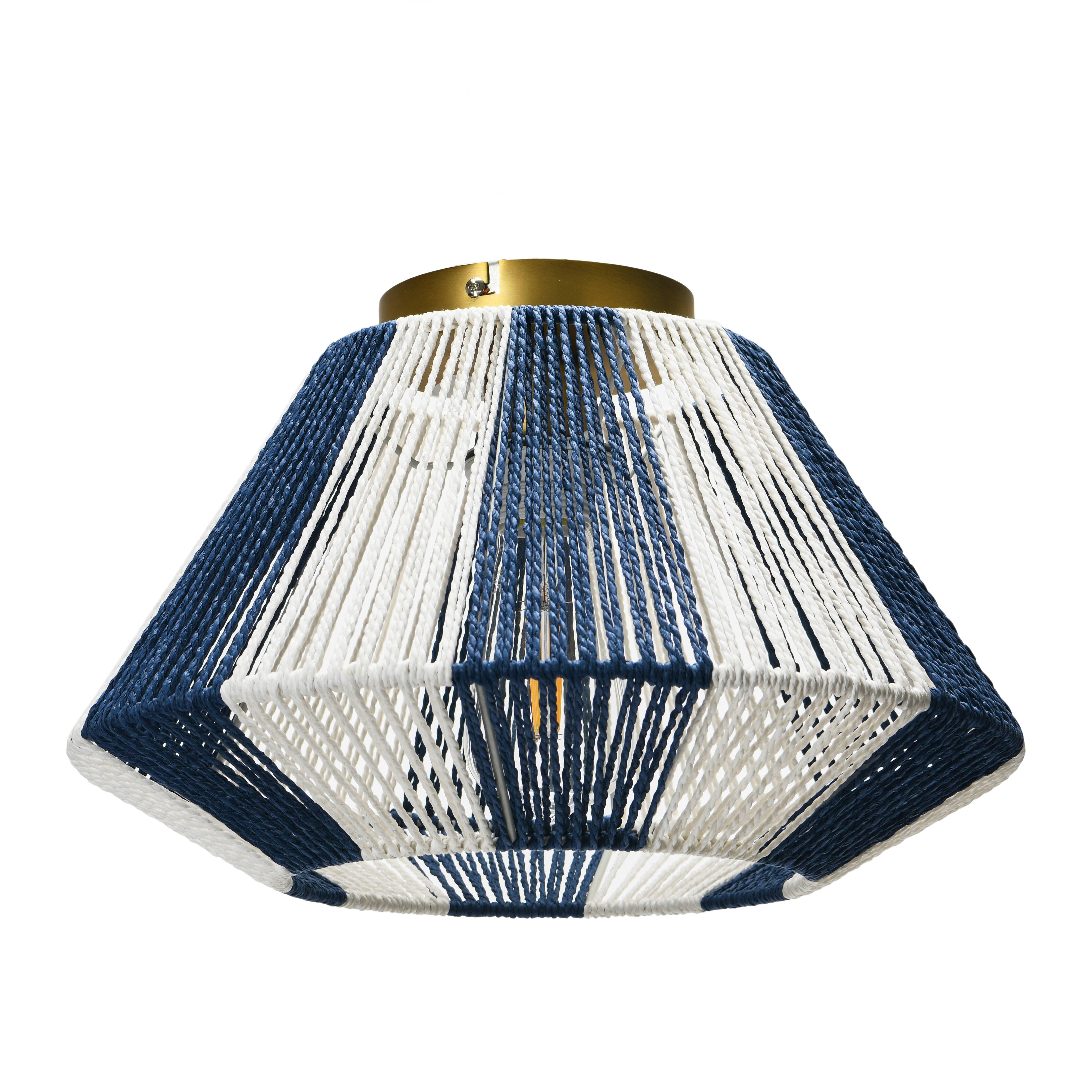 Navy &#x26; White Flush Mount Ceiling Light with Woven Paper Rope Shade