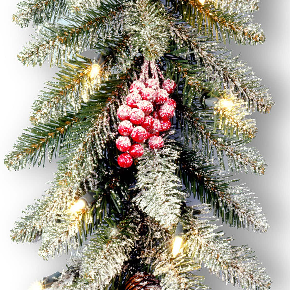 9&#x27; X 10&#x22; Pre-lit Dunhill&#xAE; Fir Artificial Christmas Garland with Snow, Red Berries, Cones and 50 Clear Lights