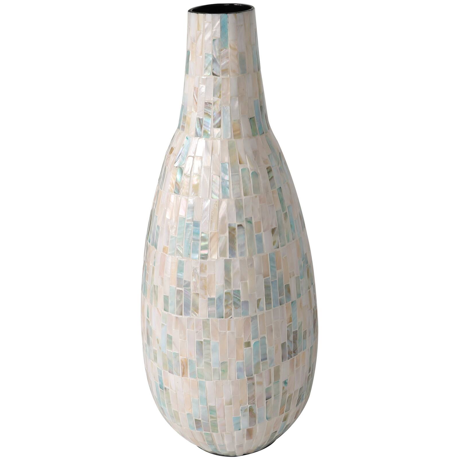21" White Mother of Pearl Handmade Mosaic Inspired Vase with Pastel Blue and Pink Accents