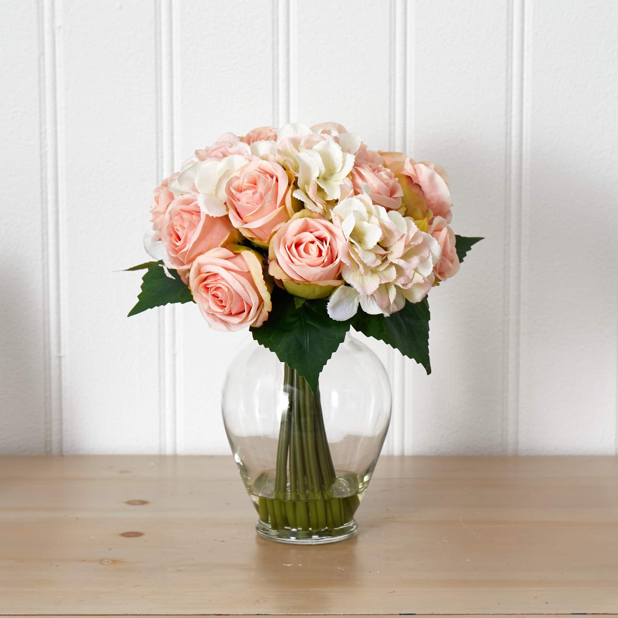 12" Pink & White Rose & Hydrangea Bouquet Arrangement in Glass Vase