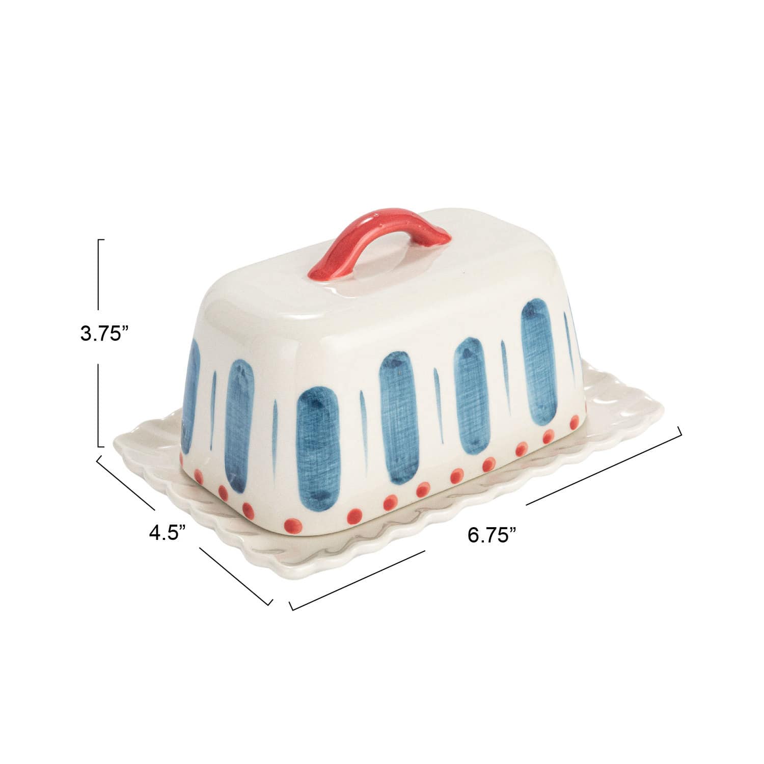 Hello Honey® 6.75" White, Red & Blue Hand-Painted Stoneware Butter Dish