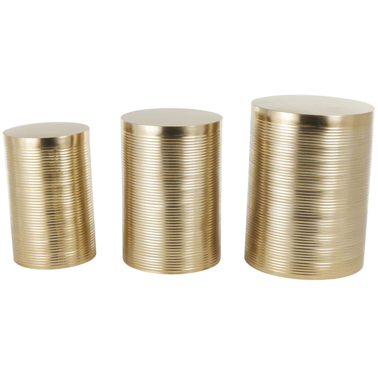Gold Metal Metallic Ribbed Drum Accent Table Set
