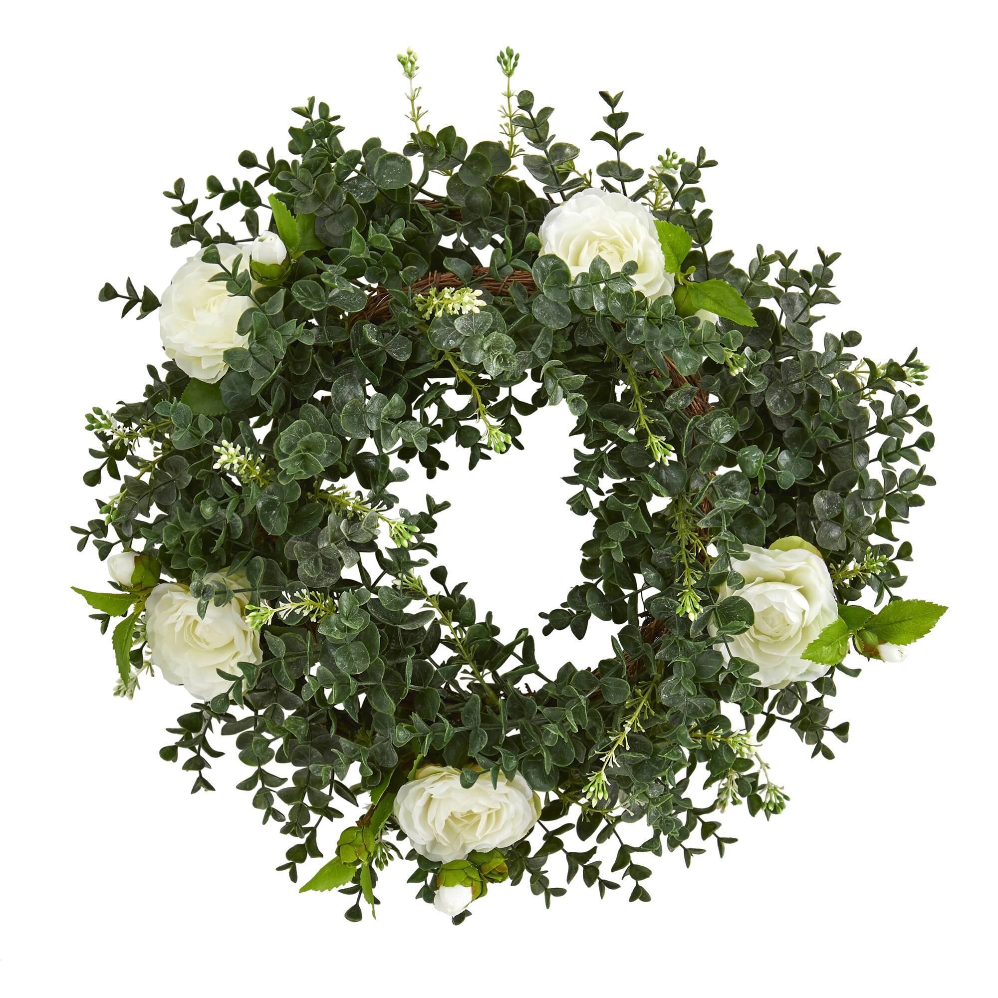 18&#x27;&#x27; Green &#x26; White Eucalyptus with Camellia Wreath