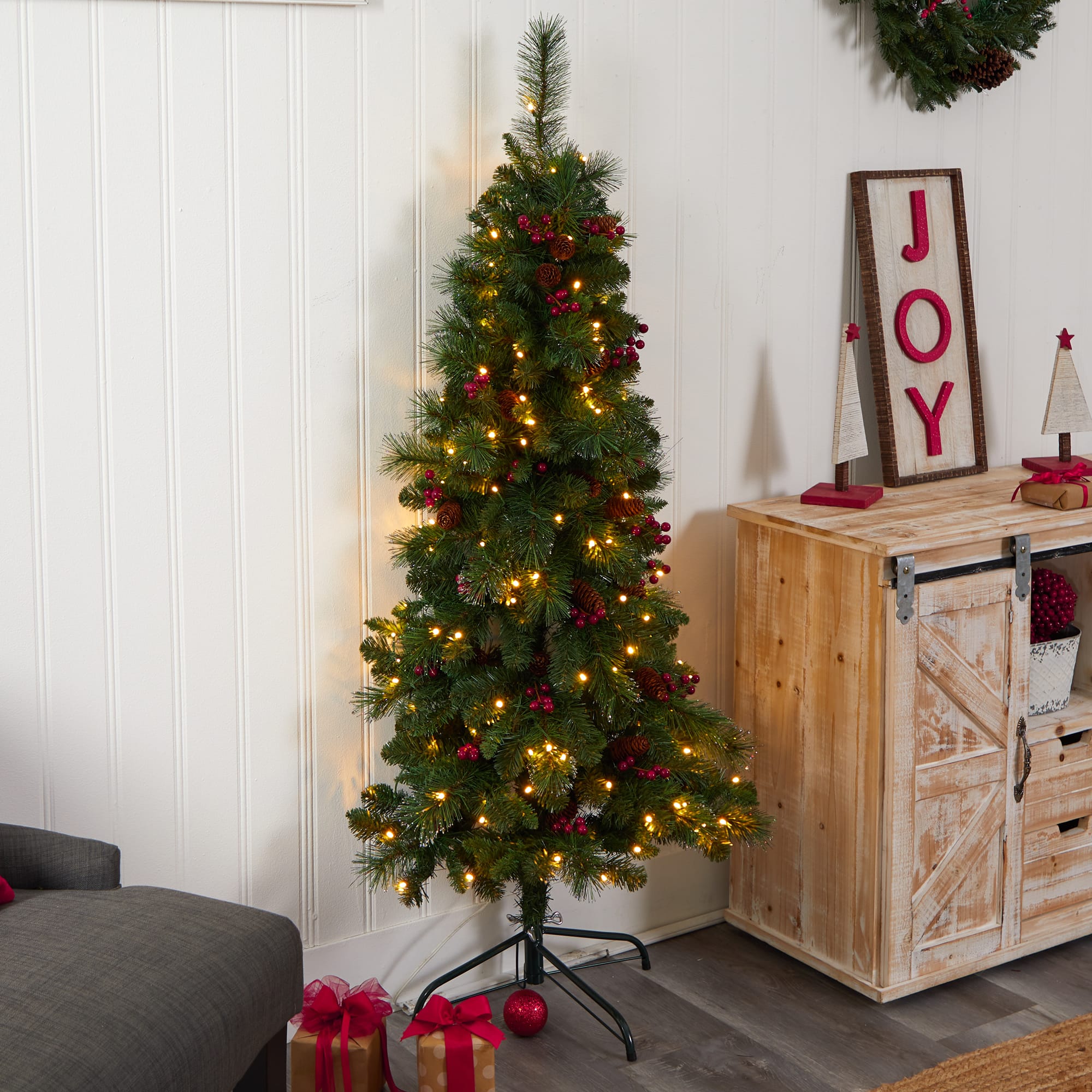 5ft. Pre-Lit Flat Back Montreal Mountain Pine Artificial Christmas Tree, White LED Lights