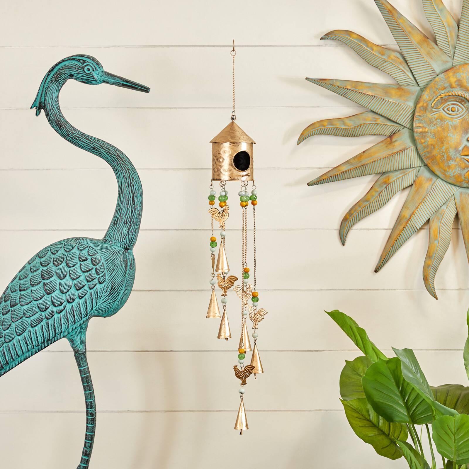 35" Gold Colored Metal Rustic Birdhouse Windchime