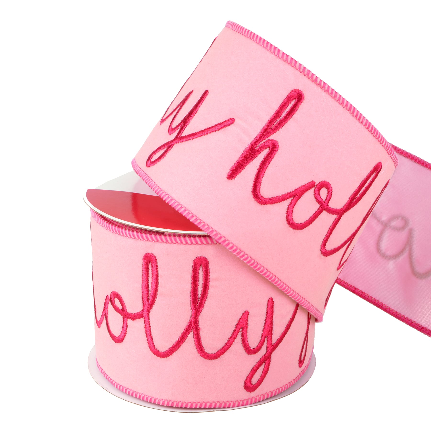 3.5&#x22; x 15ft. Pink Holly Jolly Wired Flocked Ribbon by Celebrate It&#xAE;