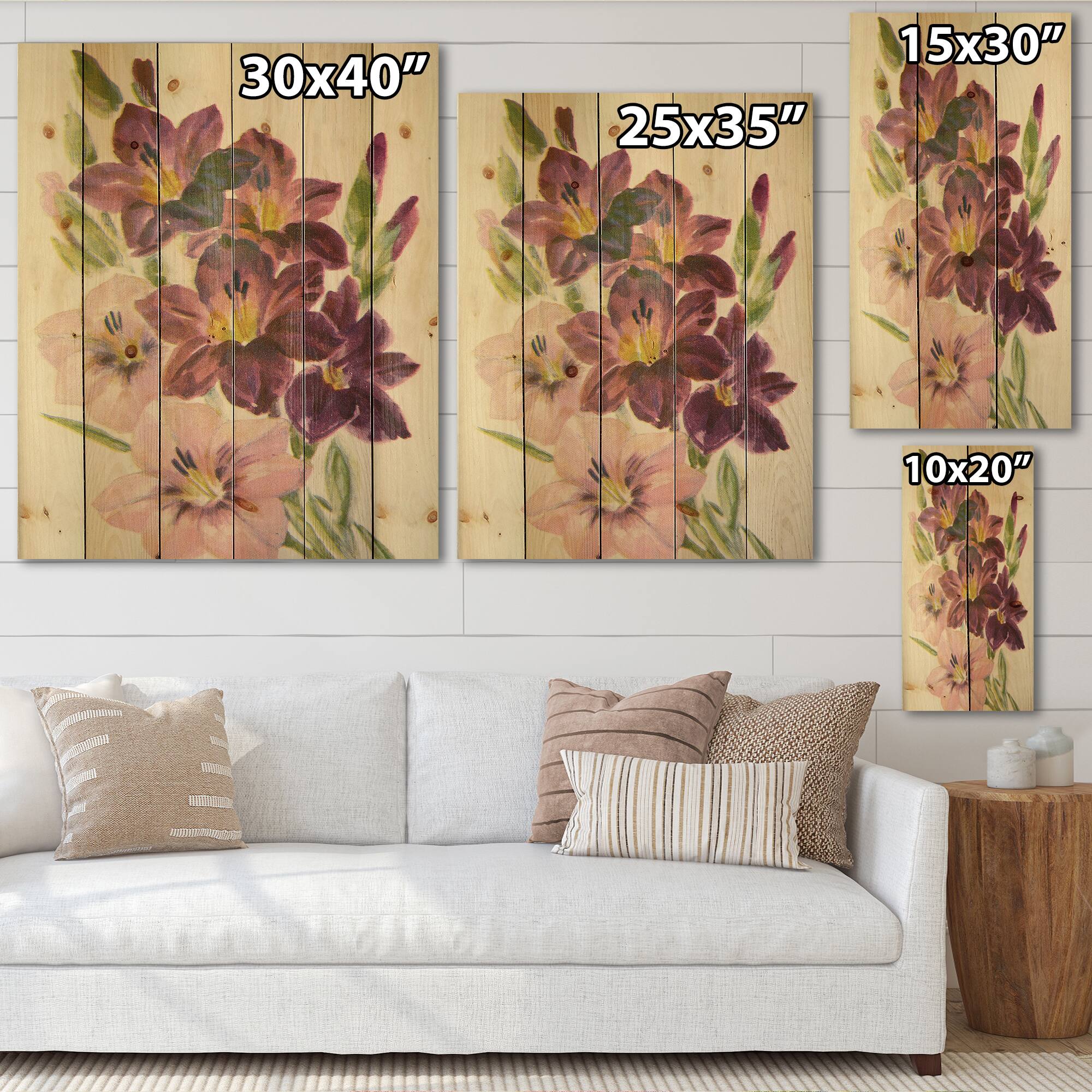 Designart - Retro Light and Dark Pink Gladiolus - Traditional Print on Natural Pine Wood