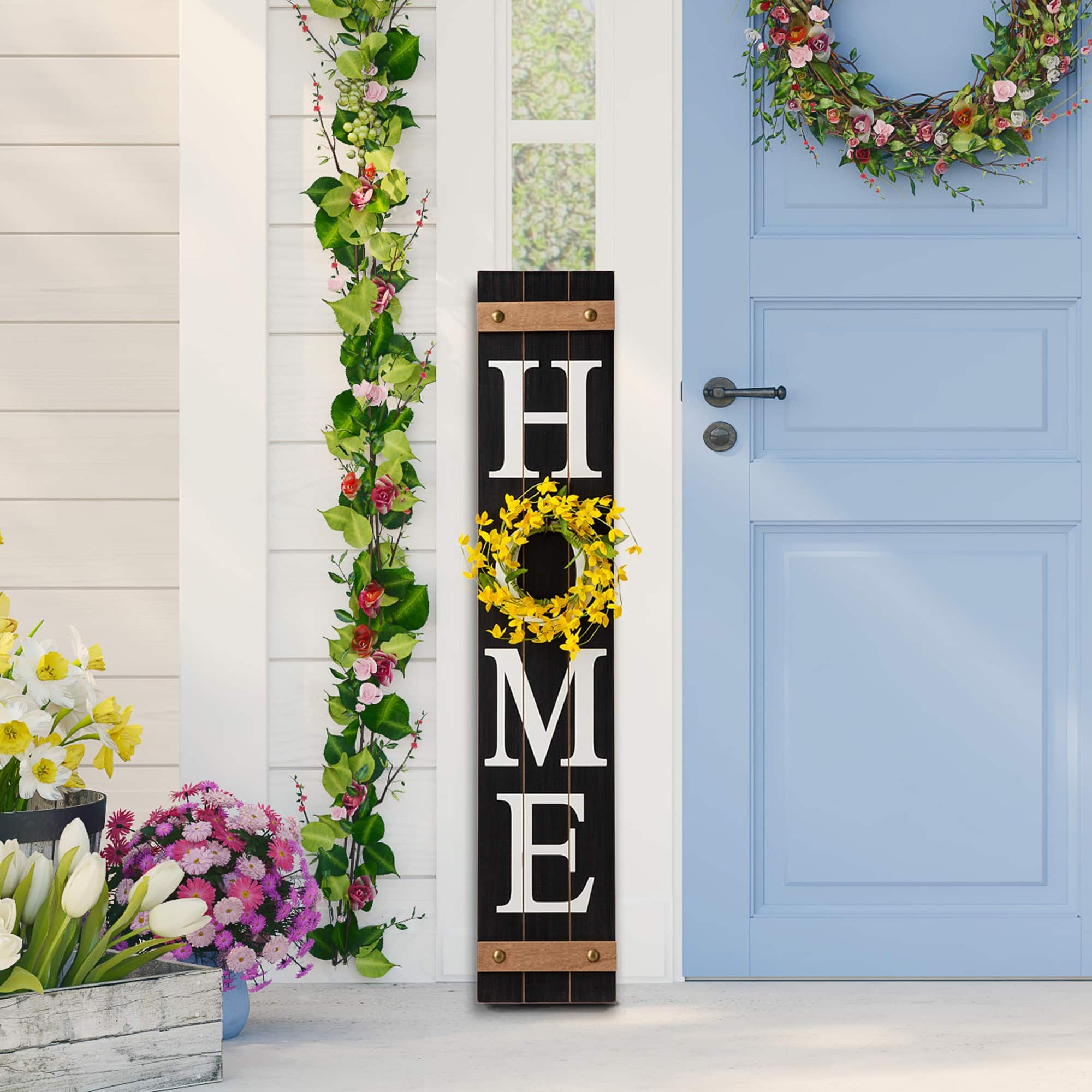 Glitzhome&#xAE; 42&#x22; Black Home Wood Porch Sign with 3 Changeable Wreaths