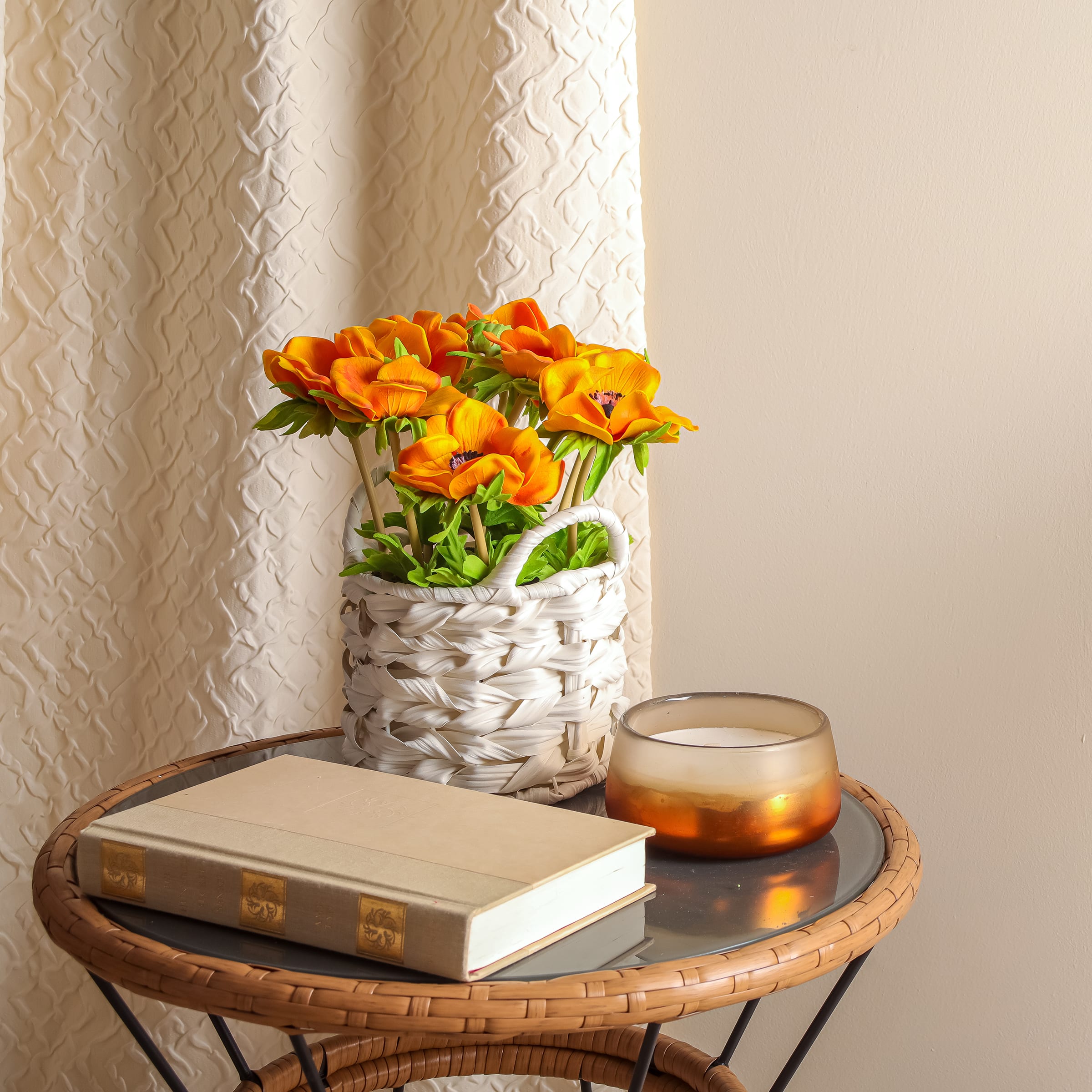 10" Anemone Flower Bouquet In White Basket