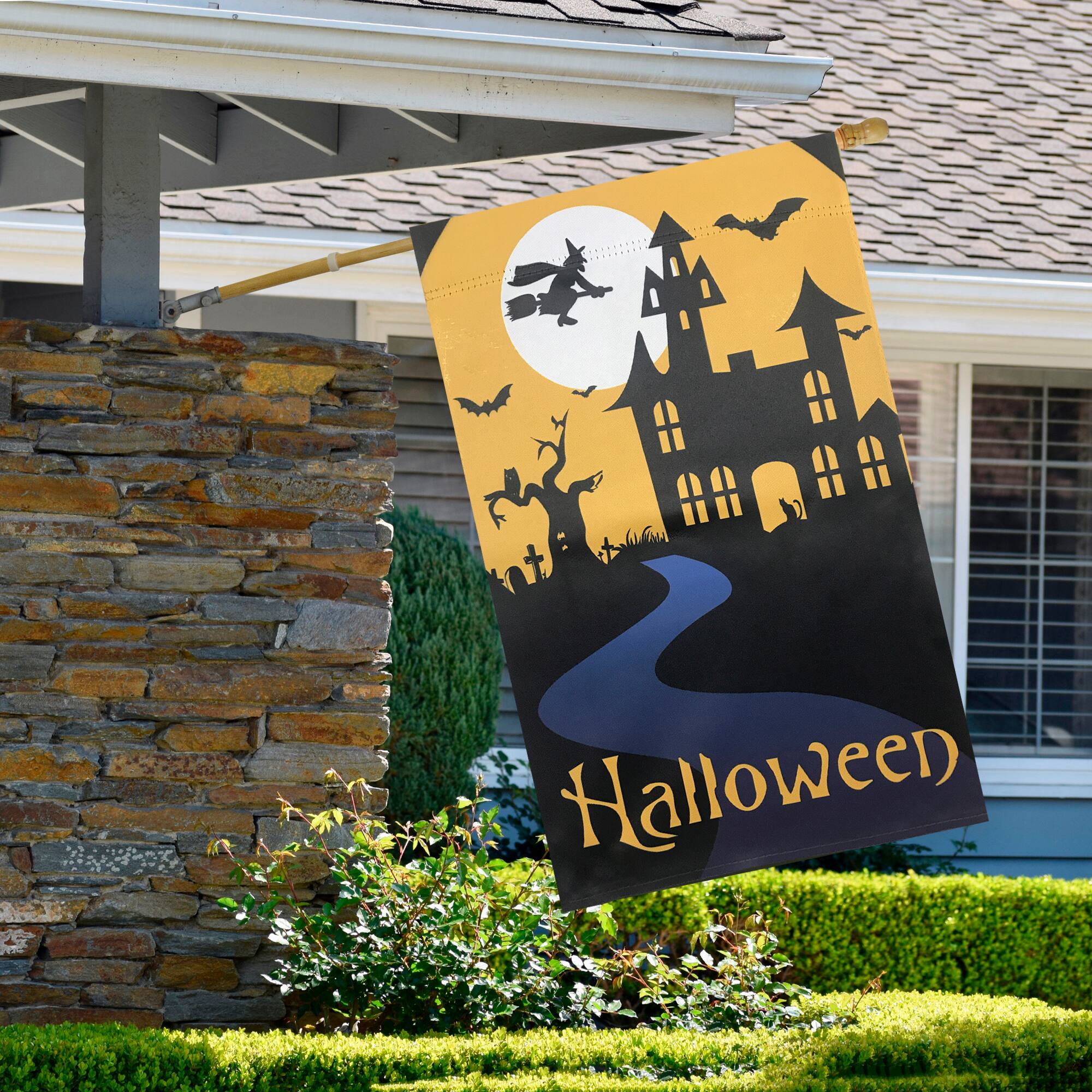 Spooky House Halloween Outdoor Garden Flag with Bats &#x26; Witch, 20&#x22; x 48&#x22;