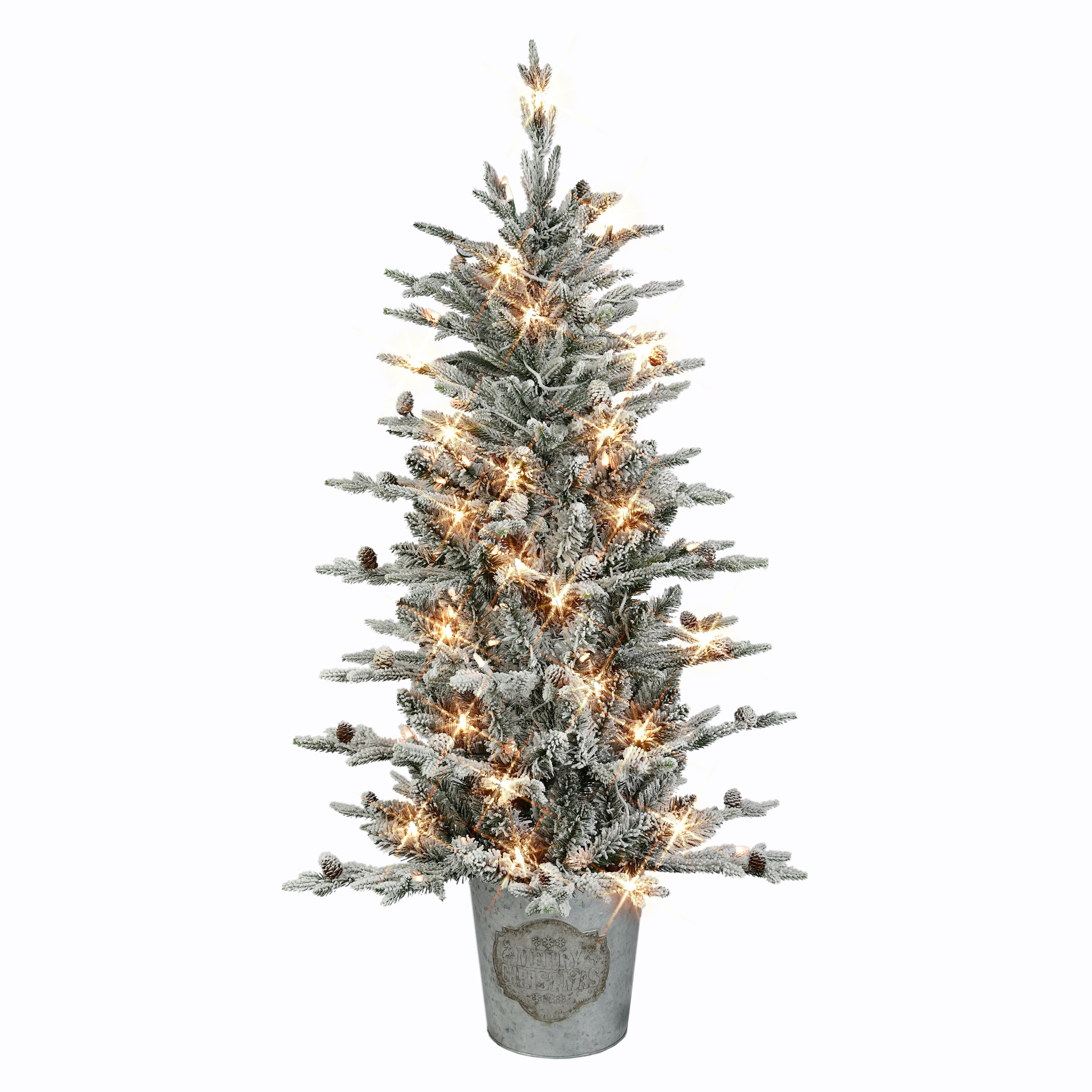 4.5ft. Pre-Lit Flocked Artificial Christmas Tree in Metal Planter, Clear Lights