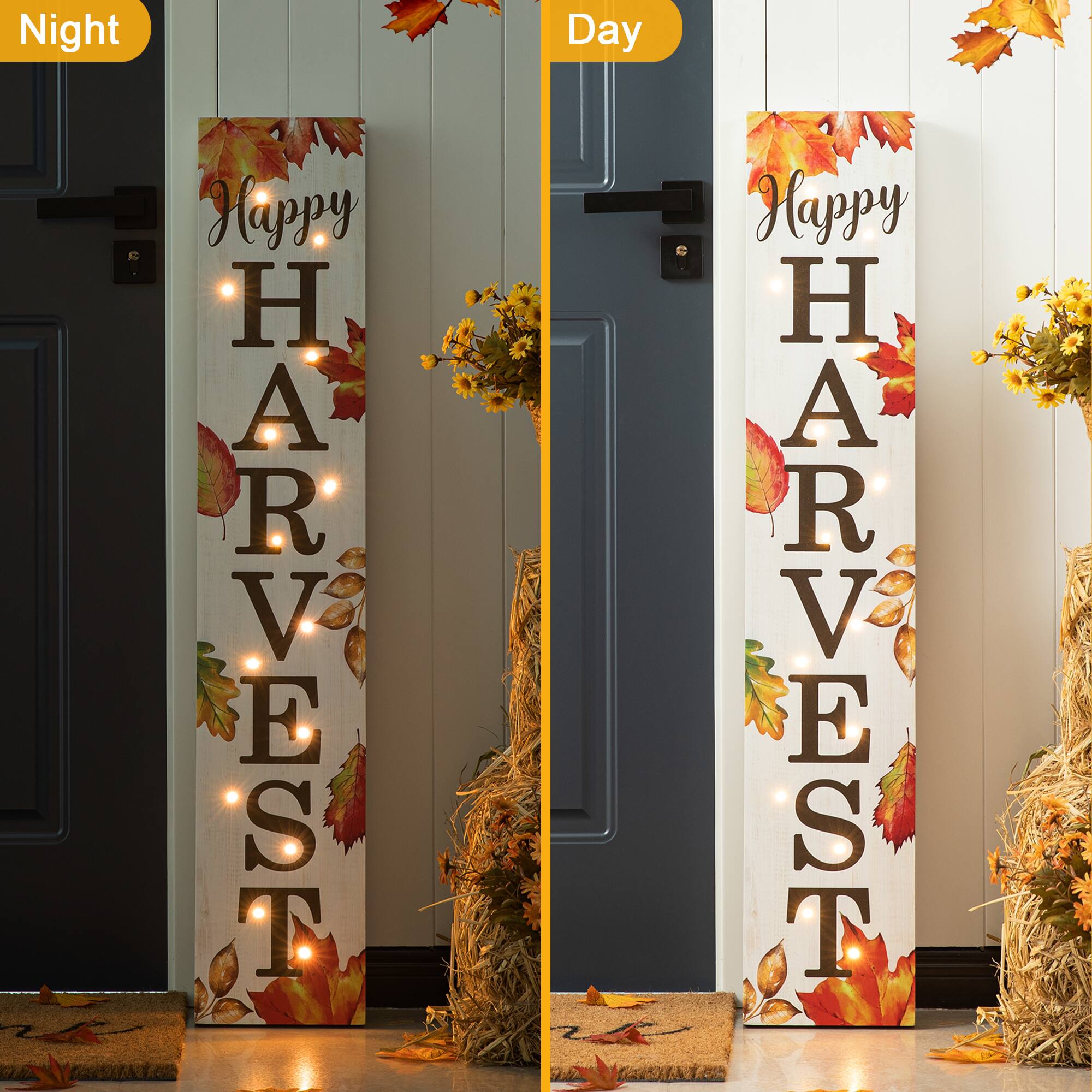 Glitzhome® 42" Fall Lighted Maple Leaves Wooden Porch Sign with Timer