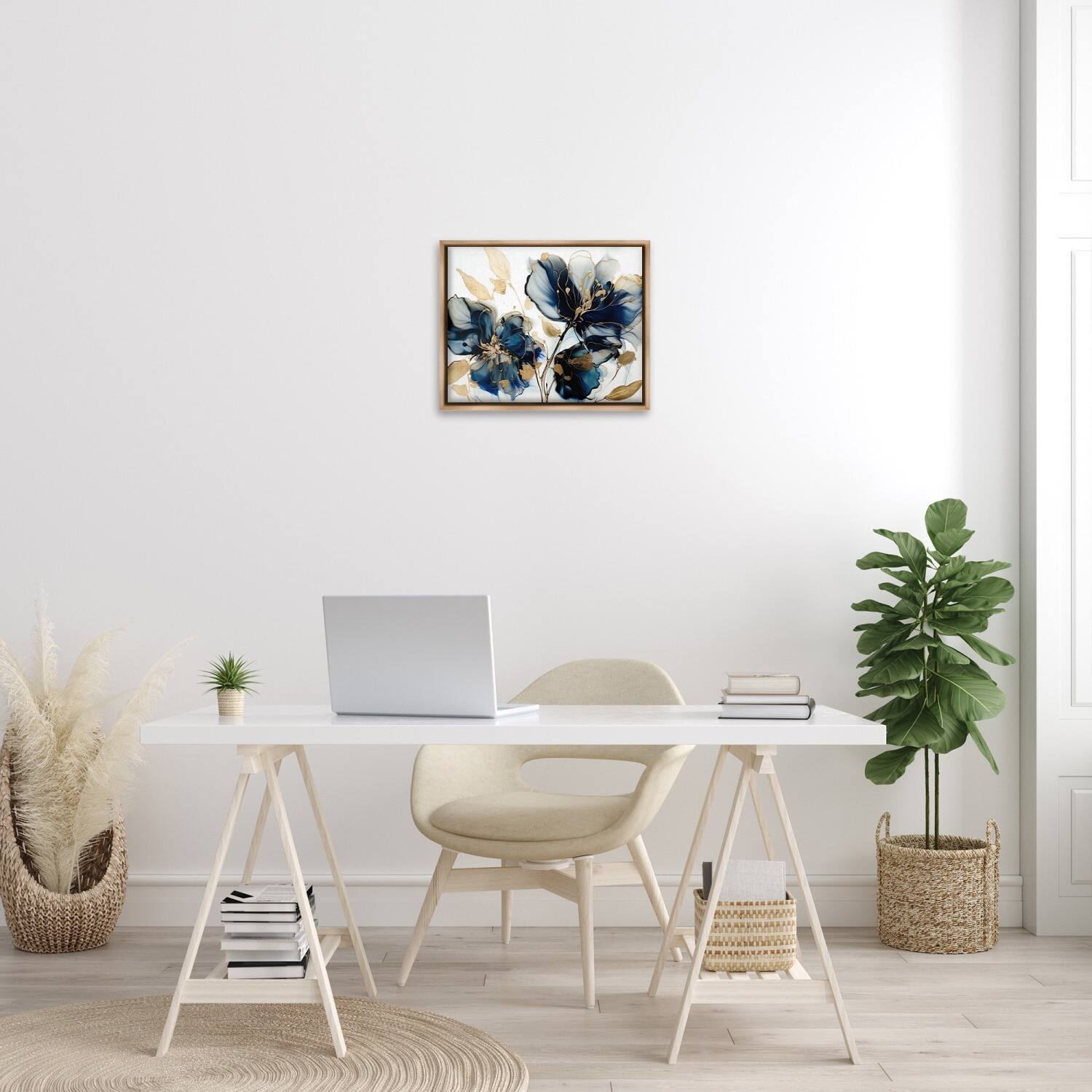 Stupell Industries Blue Swirling Modern Flowers Floater Framed Art