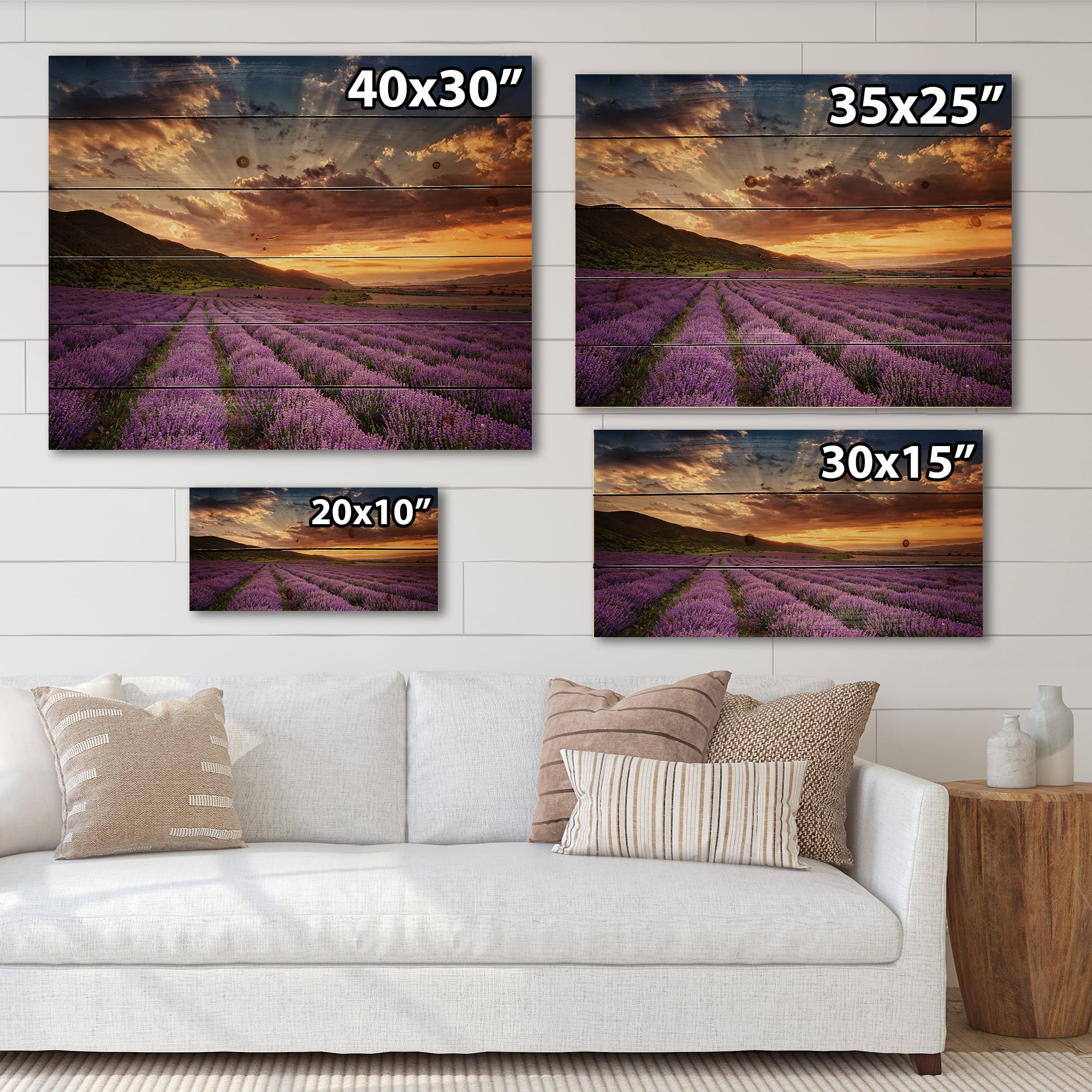 Designart - Sunrise &#x26; Dramatic Clouds Over Lavender Field X - Farmhouse Print on Natural Pine Wood