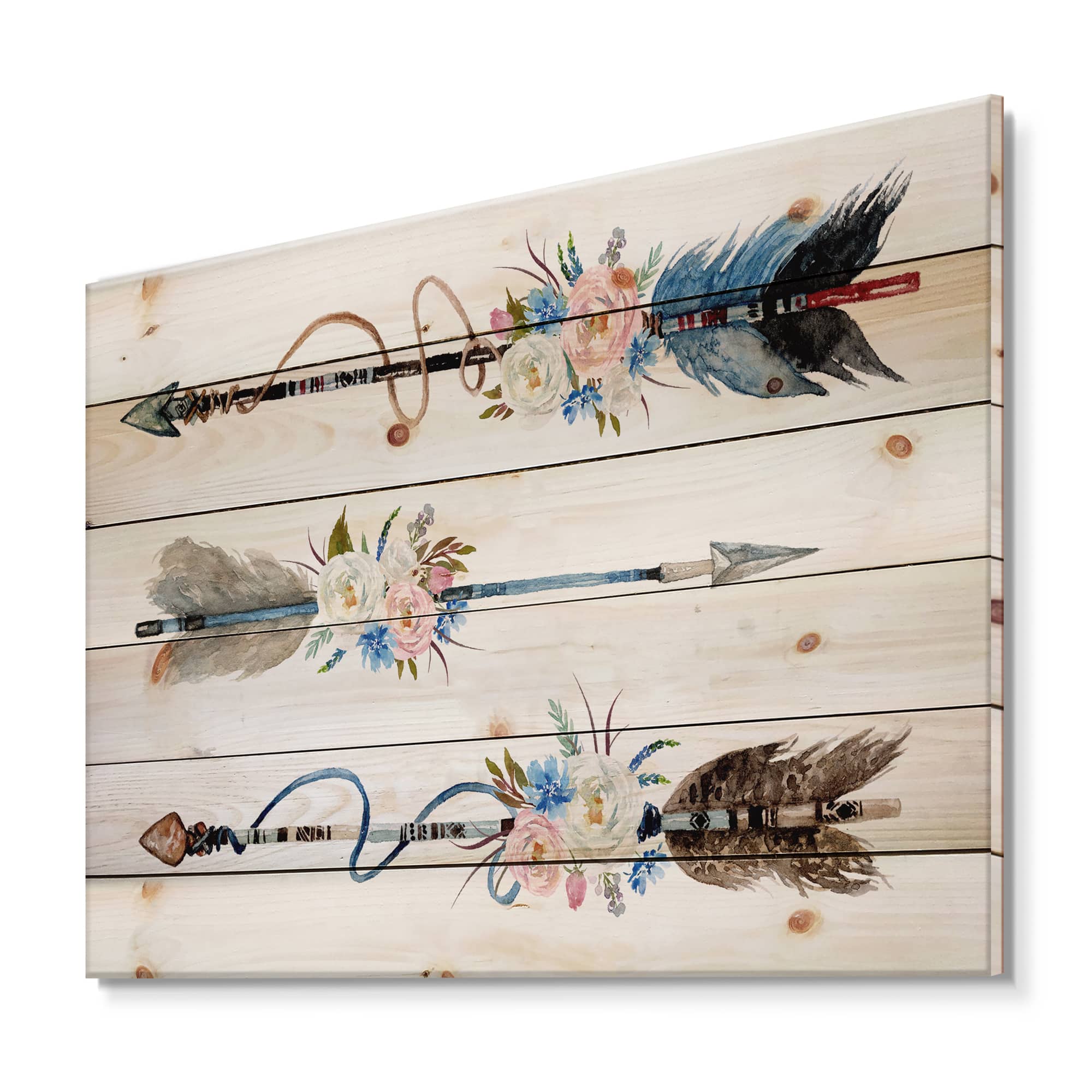 Designart - Ethnic Feathers and Flowers On Native Arrows I - Bohemian &#x26; Eclectic Print on Natural Pine Wood