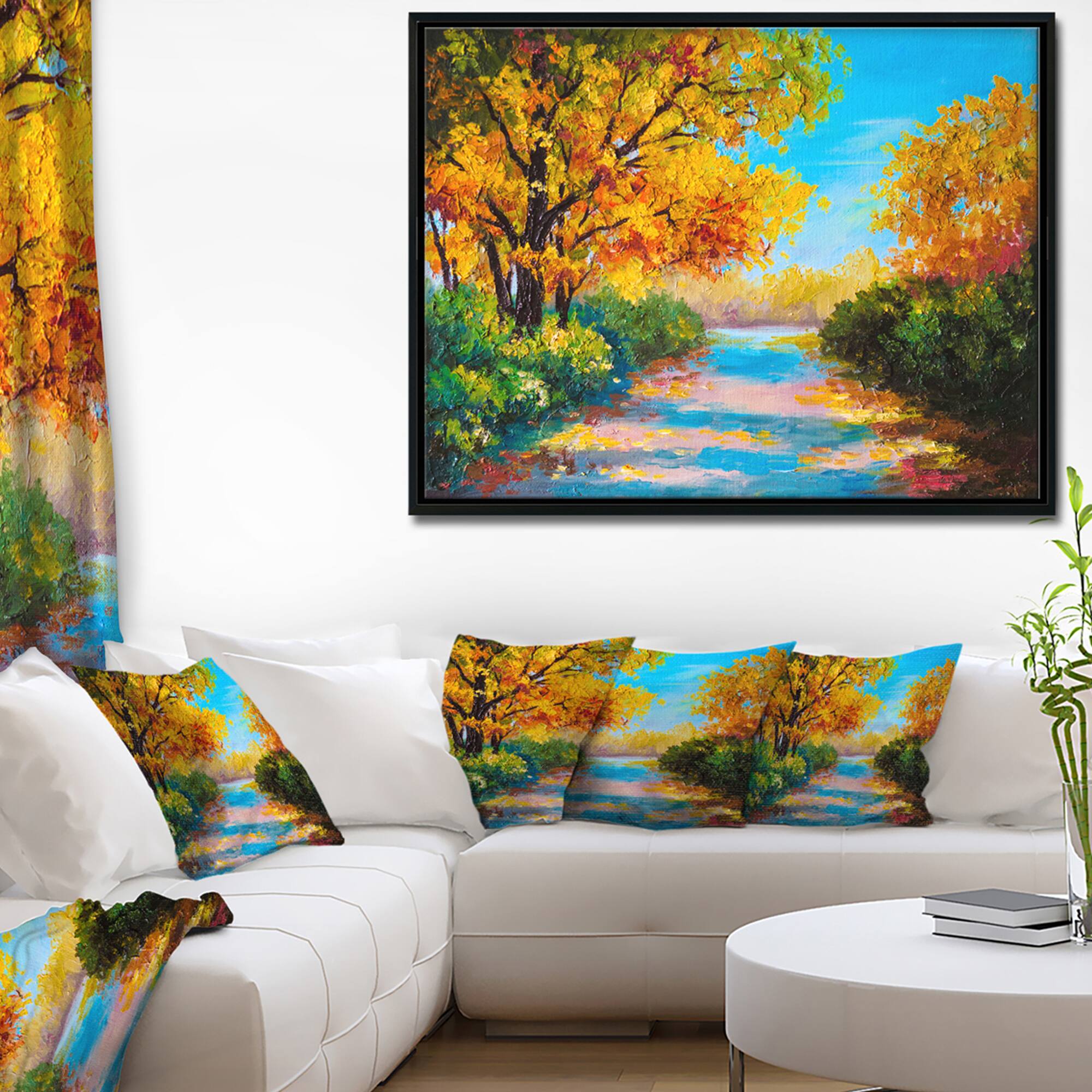Designart - Autumn Forest with Colorful River - Landscape Art Print Canvas in Black Frame
