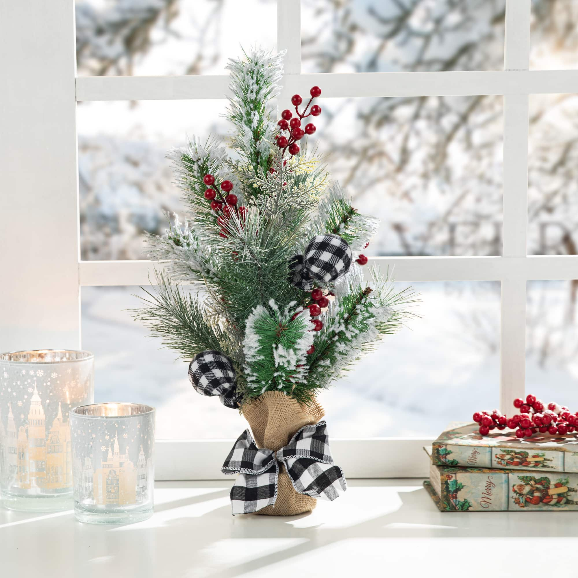 Glitzhome&#xAE; 21&#x22; Flocked Pine &#x26; Berries Table Tree