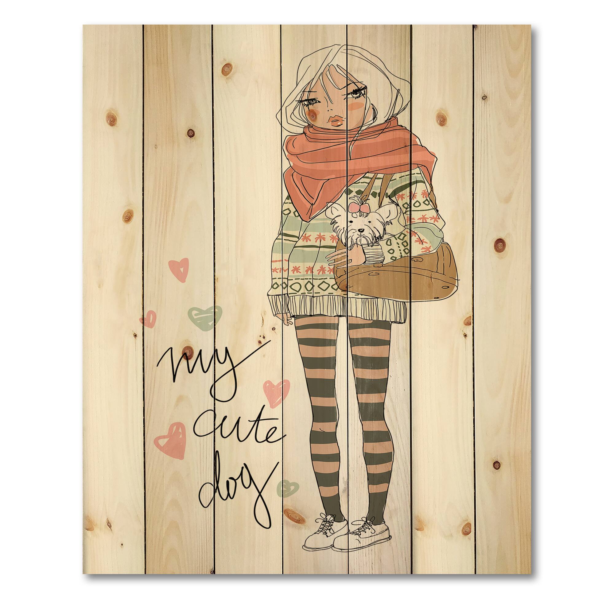 Designart - Cute Girl With Dog - Shabby Chic Print on Natural Pine Wood