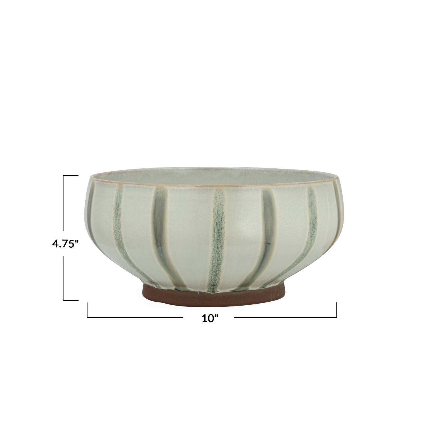 10&#x22; Cream &#x26; Green Reactive Glaze Stripes Hand-Painted Stoneware Bowl