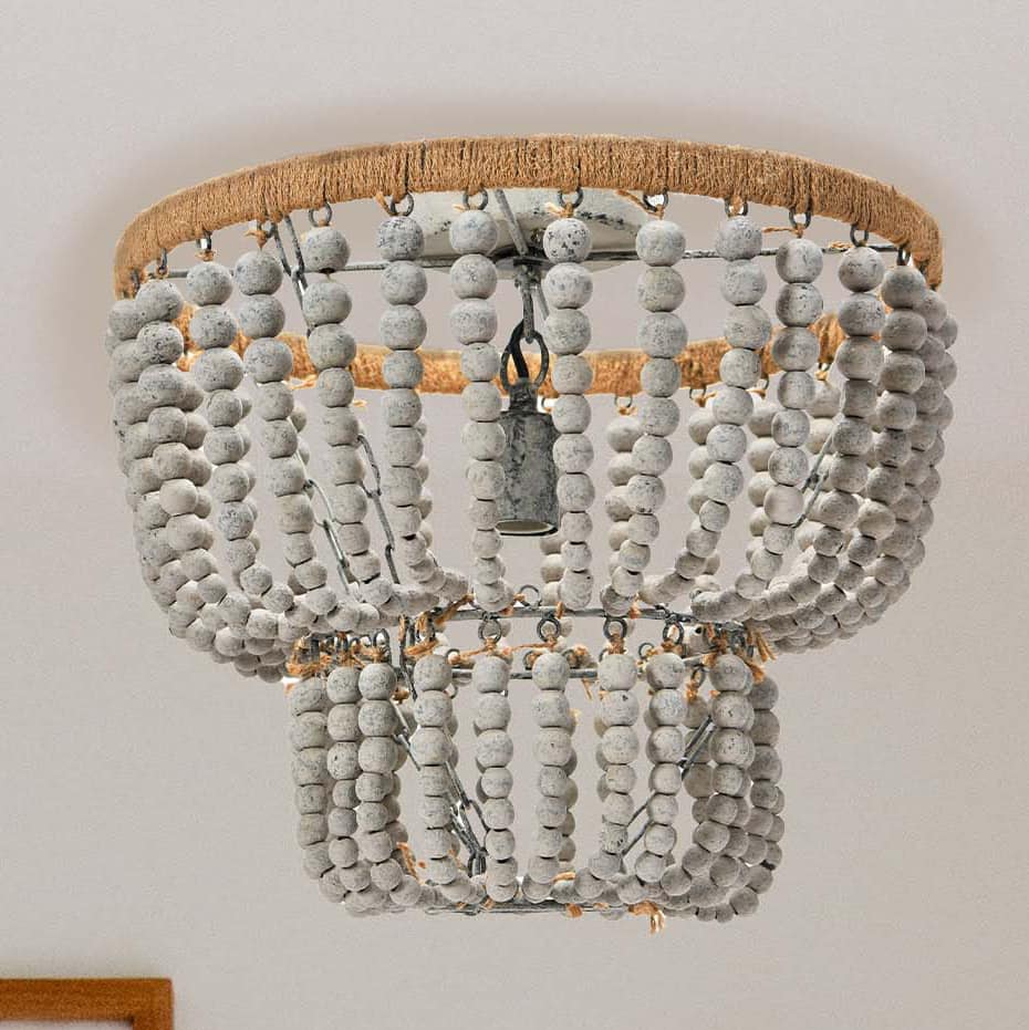 Gray Wood Bead &#x26; Metal Semi-Flush Light