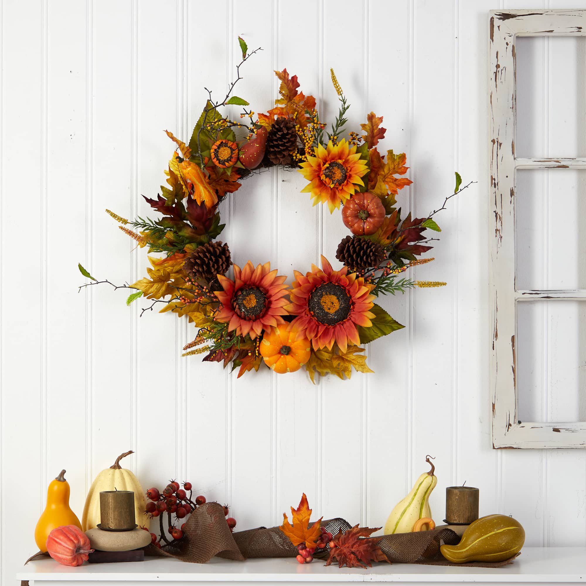 24&#x22; Sunflower, Pumpkin, Gourds, Pinecone &#x26; Berries Autumn Artificial Wreath