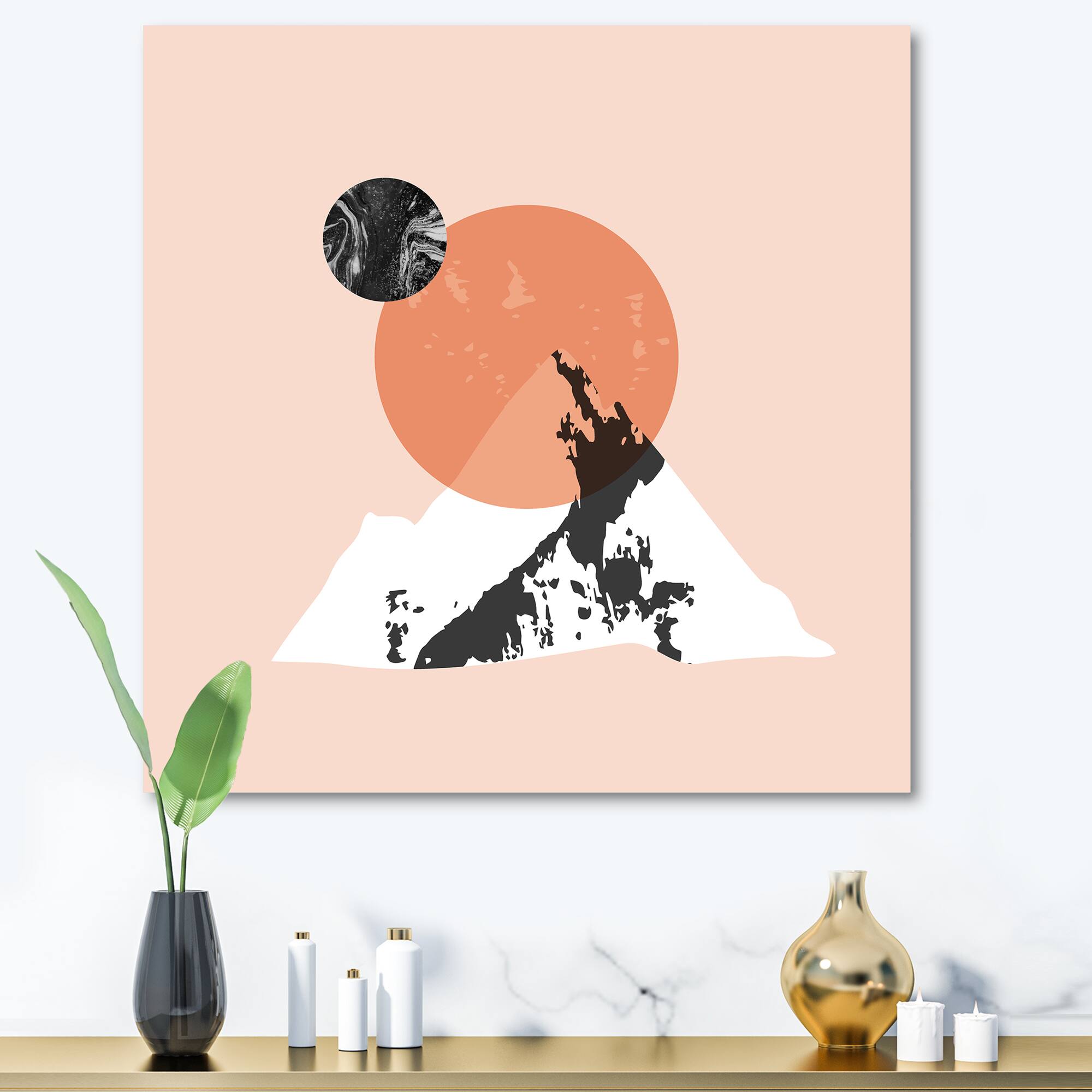 Designart - Modern Minimalist Mountain Sun and Moon - Modern Canvas Wall Art Print