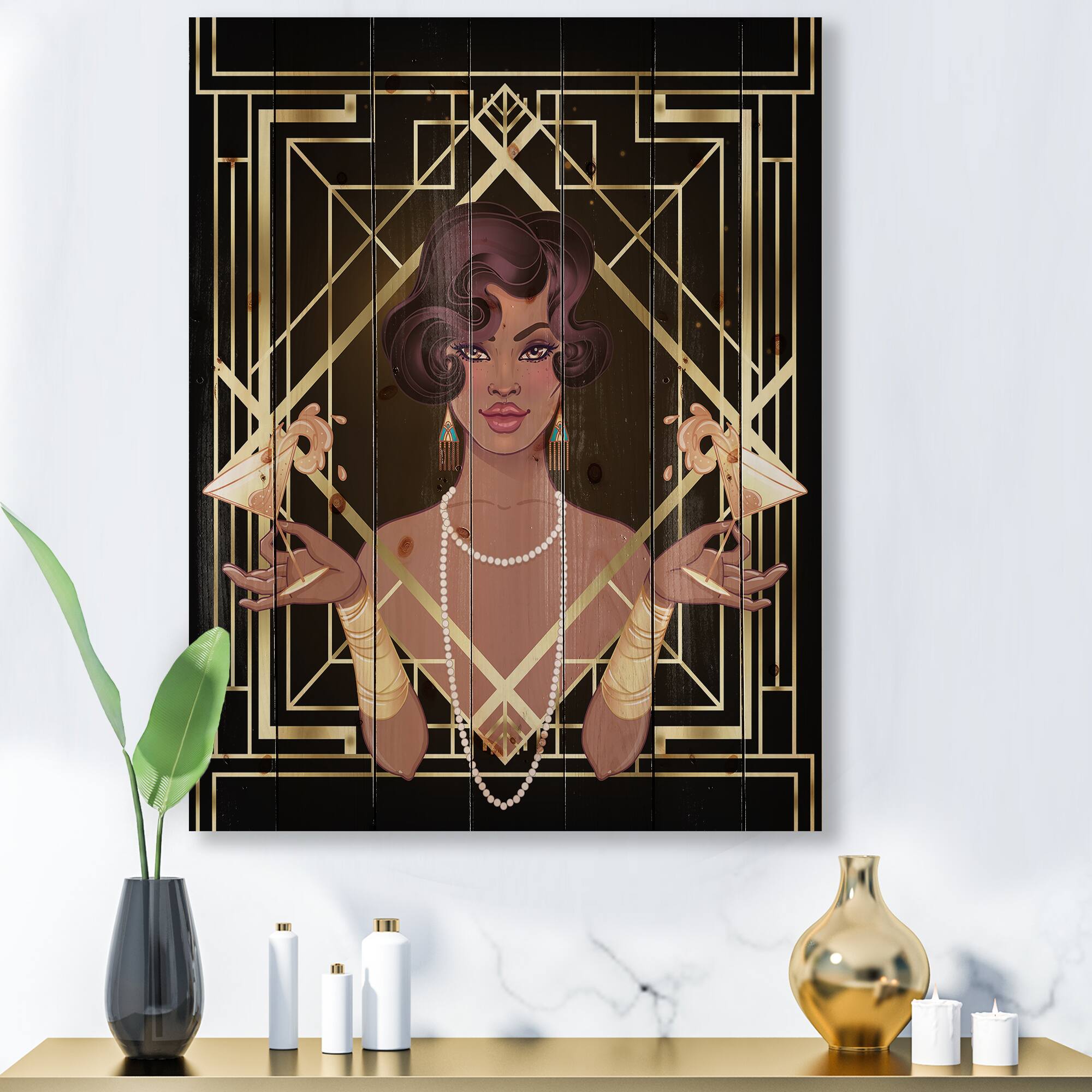 Designart - Retro Women In Golden Art Deco Geometrics I - Modern Print on Natural Pine Wood