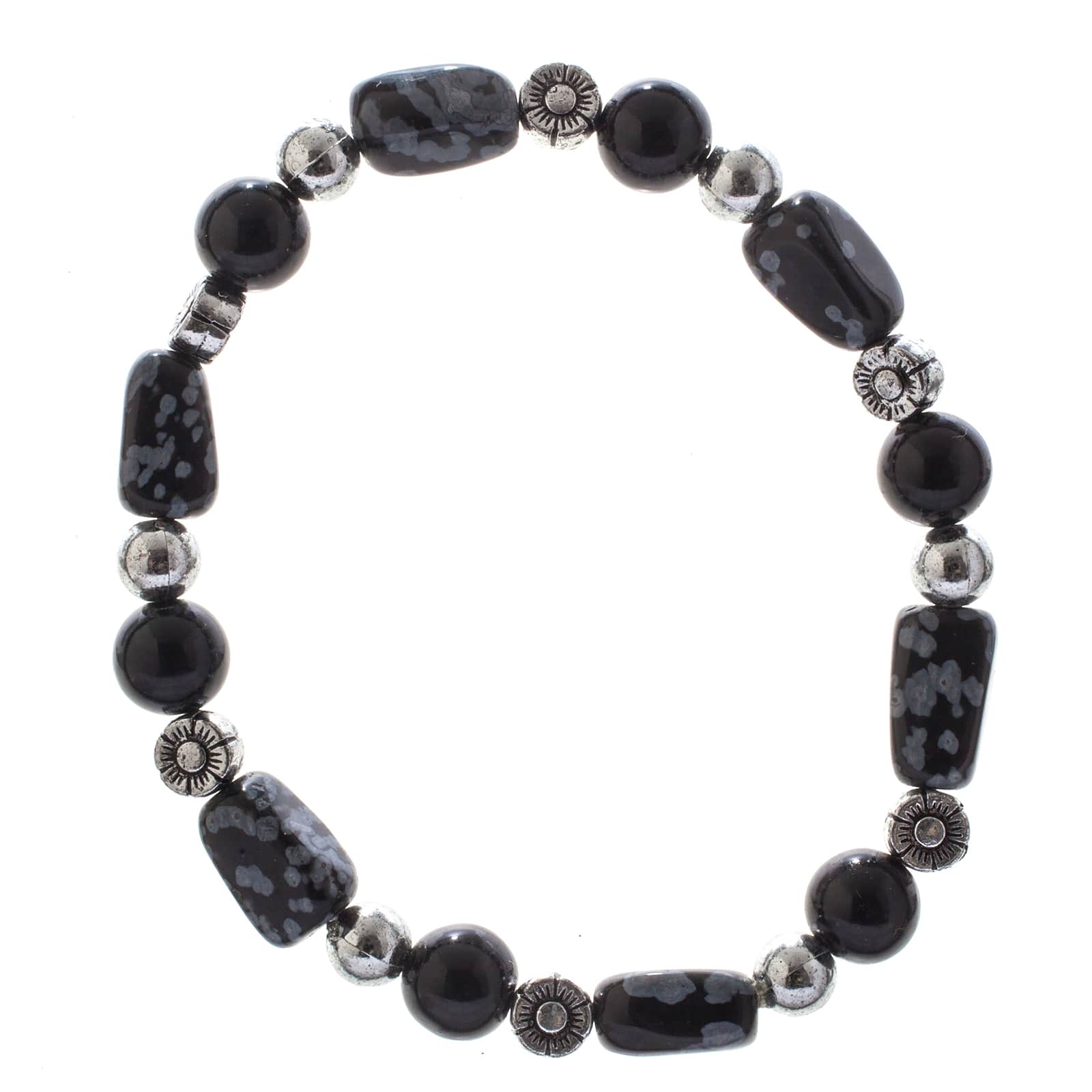 John Bead Snow Flake Gray & Obsidian Natural Stone Bracelet