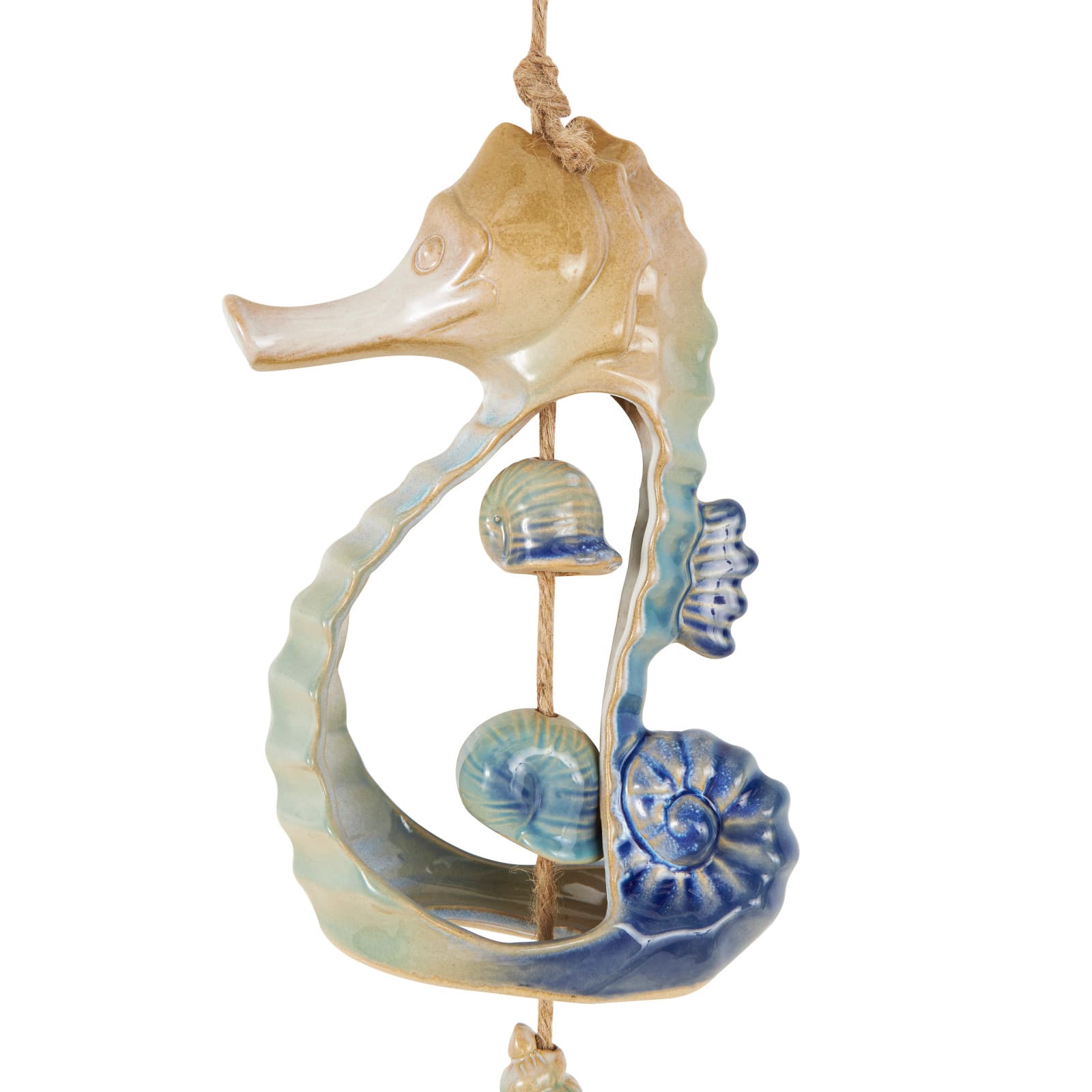 20.5&#x22; Blue Ceramic Sea Horse Ombre Windchime with Jute Rope &#x26; Hanging Seashell Accents