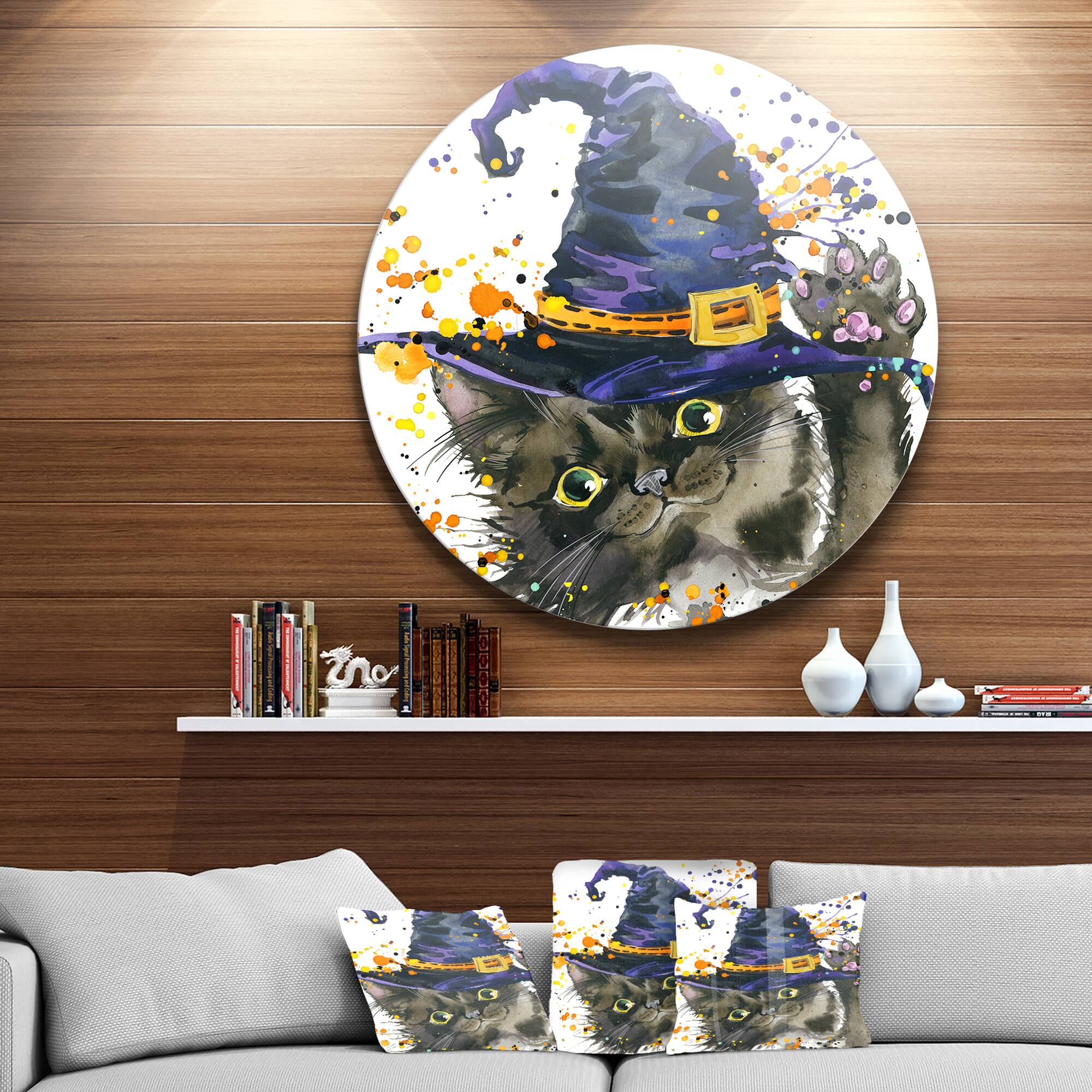 Designarts Halloween Cat &#x26; Witch Hat Metal Circle Wall D&#xE9;cor