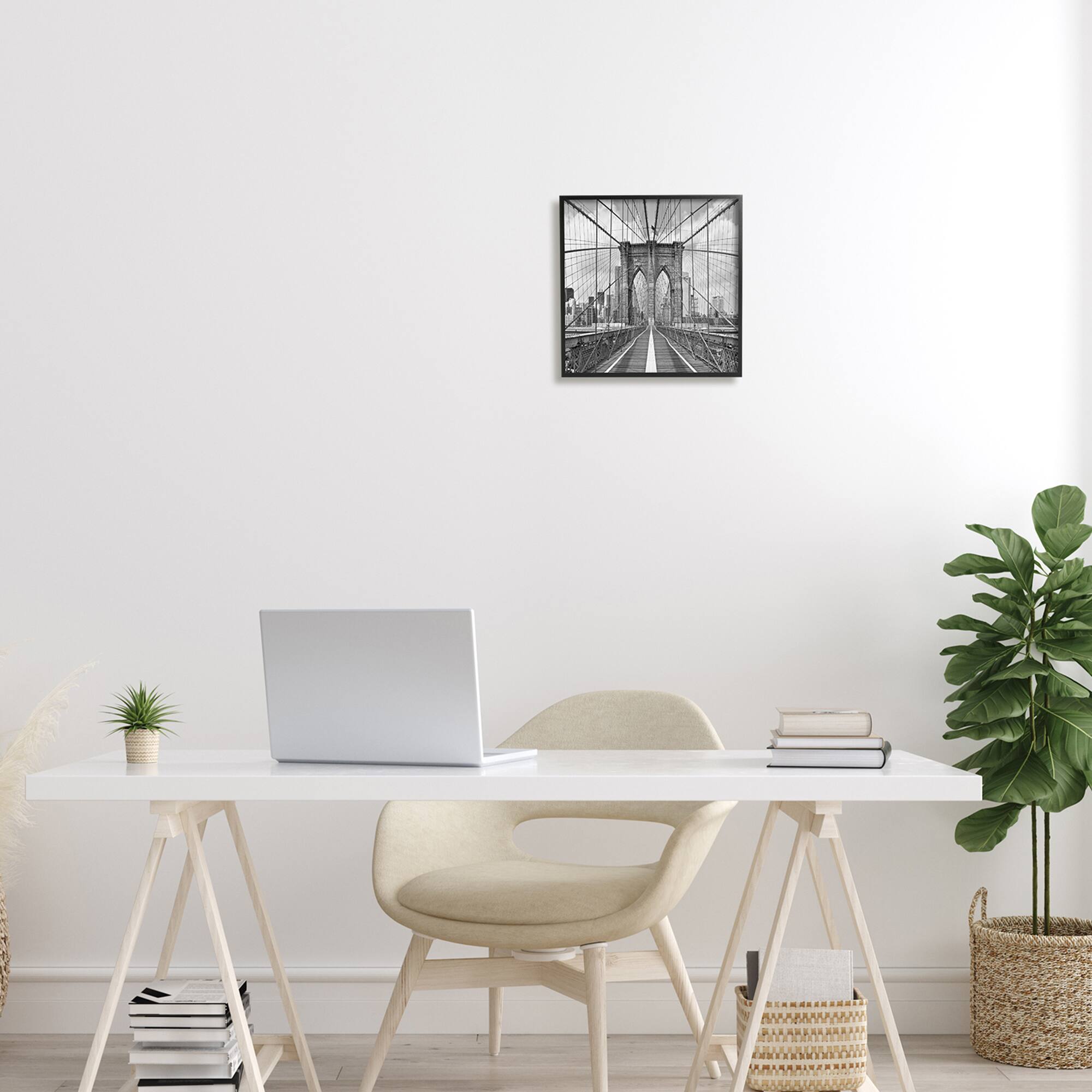 Stupell Industries Brooklyn Bridge Black White Industrial Landscape City Architecture Framed Wall Art