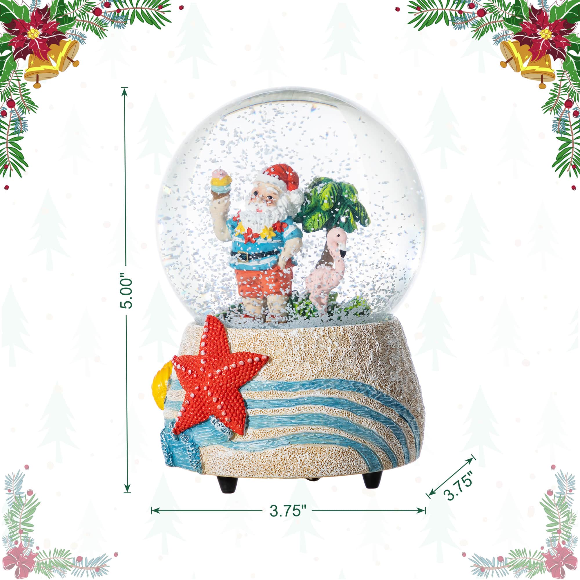 Glitzhome&#xAE; 100mm Christmas Resin Musical Snowflakes Santa on Vacation Waterglobe