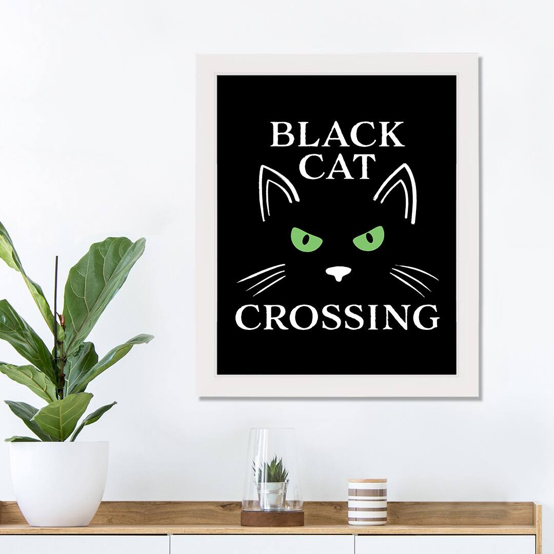 Black Cat Crossing White Framed Print Wall Art