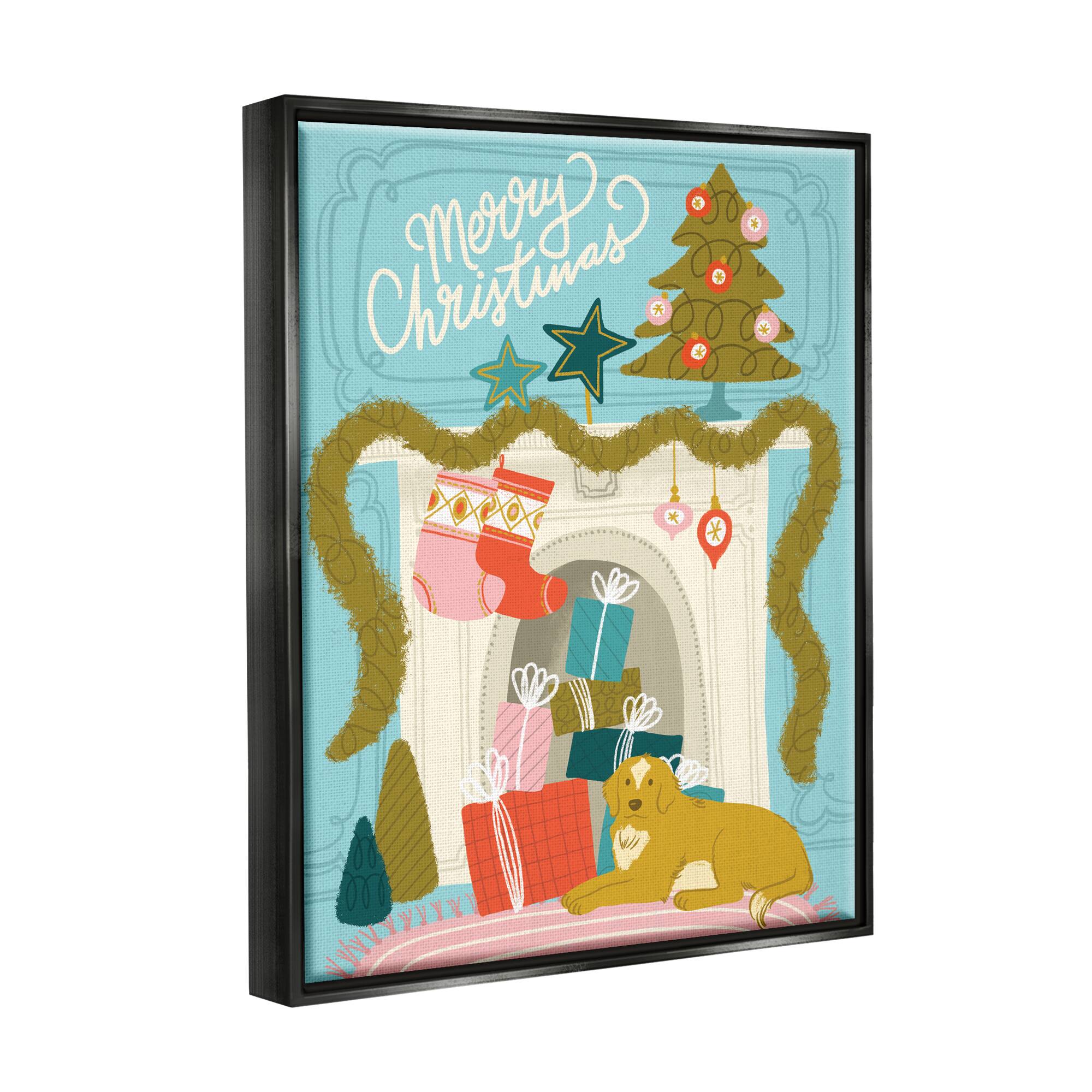 Stupell Industries Whimsical Fireplace Merry Christmas Framed Floater Canvas Wall Art