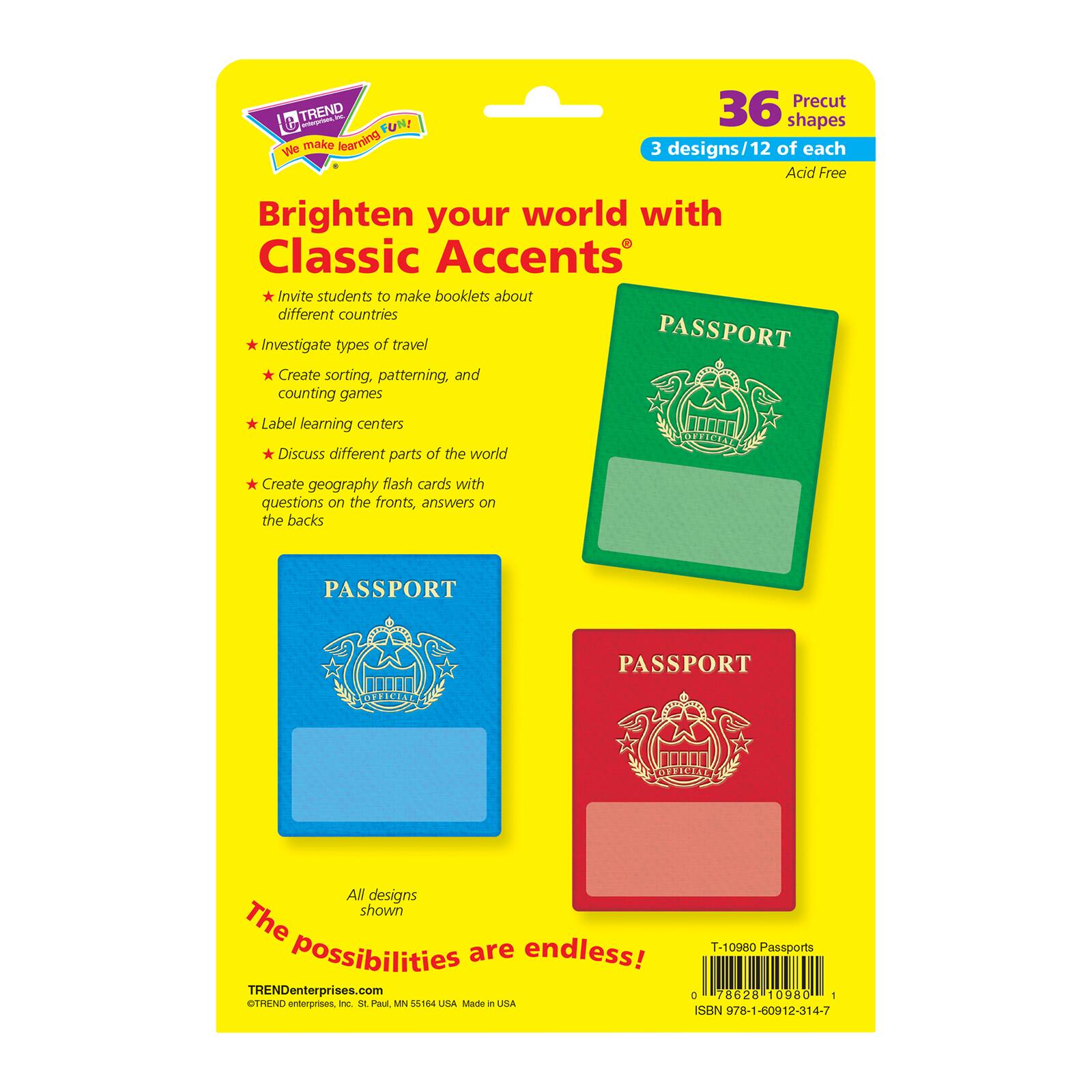 TREND Enterprises® Passports Classic Accents® Variety Pack, 3 Packs of 36