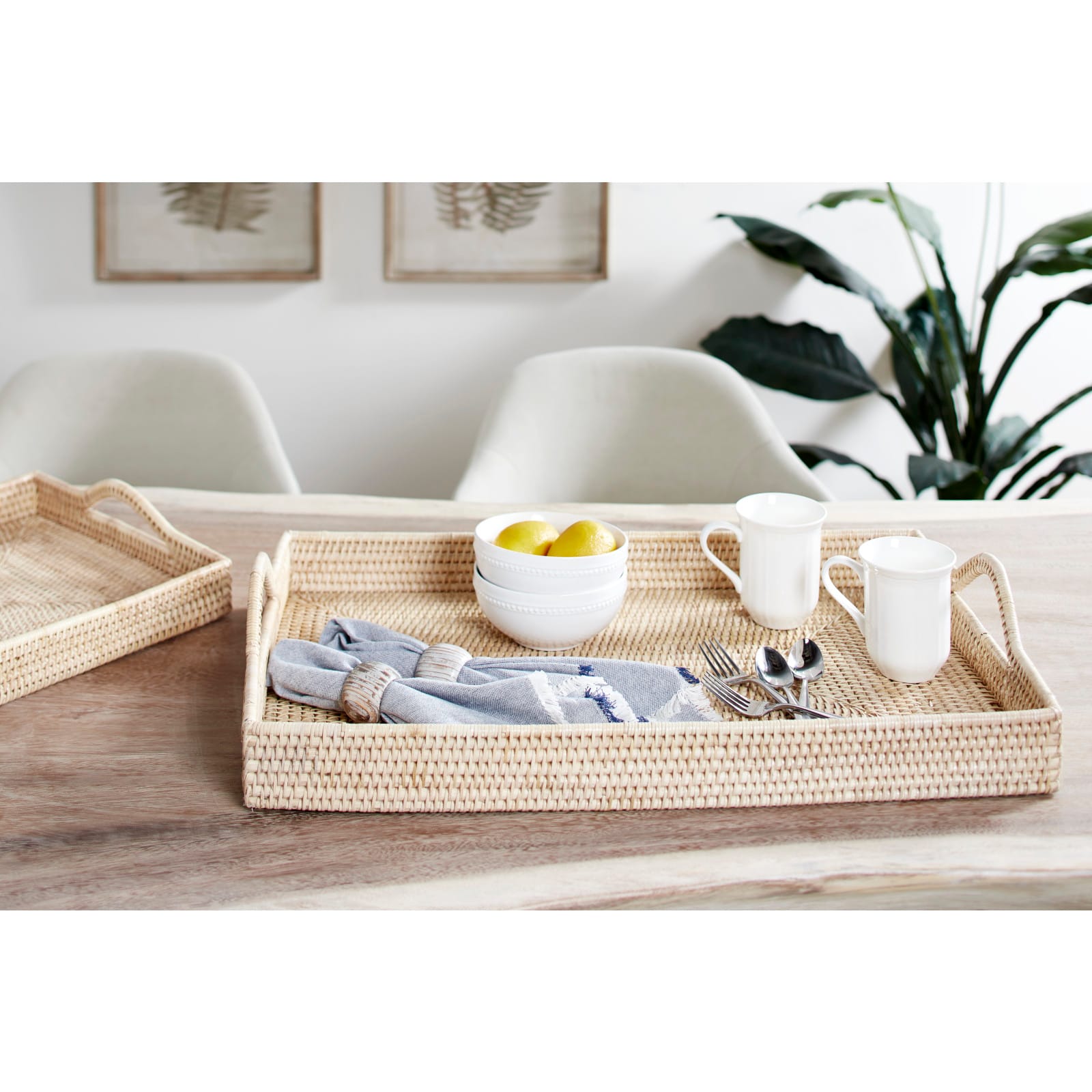 Light Brown Wood Boho Style Tray Set