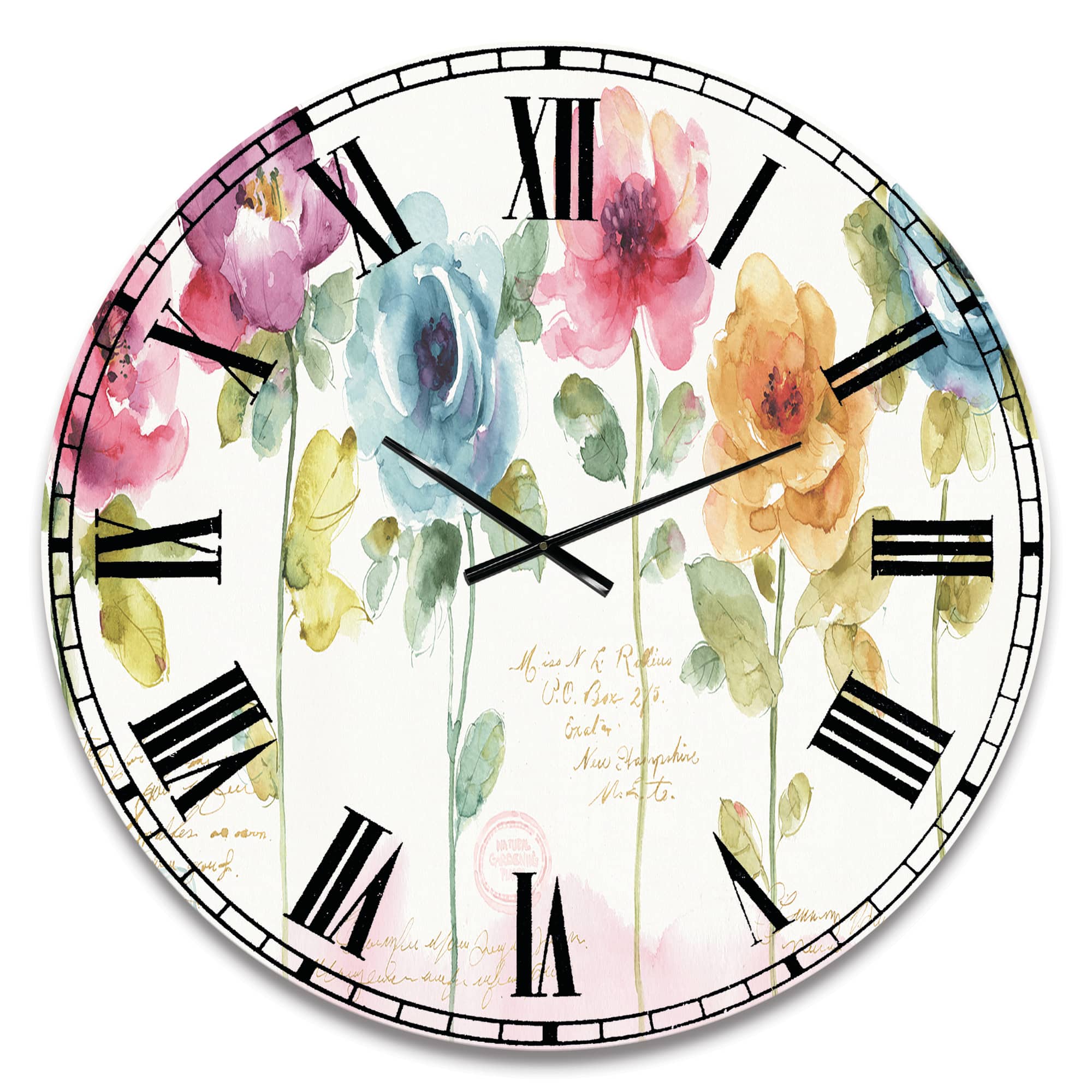 Designart &#x27;Handpainted Rainbow Coloured Cottage Roses Traditional Wall Clock