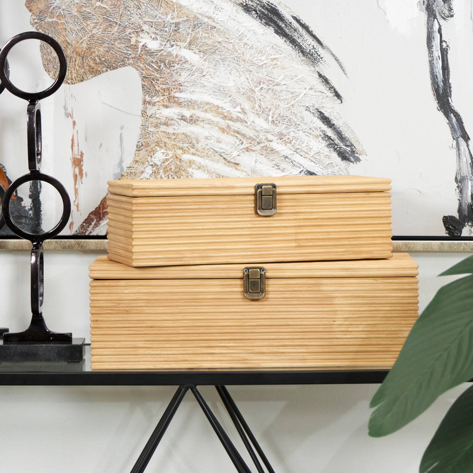 Light Brown Wood Carved Linear Box Set