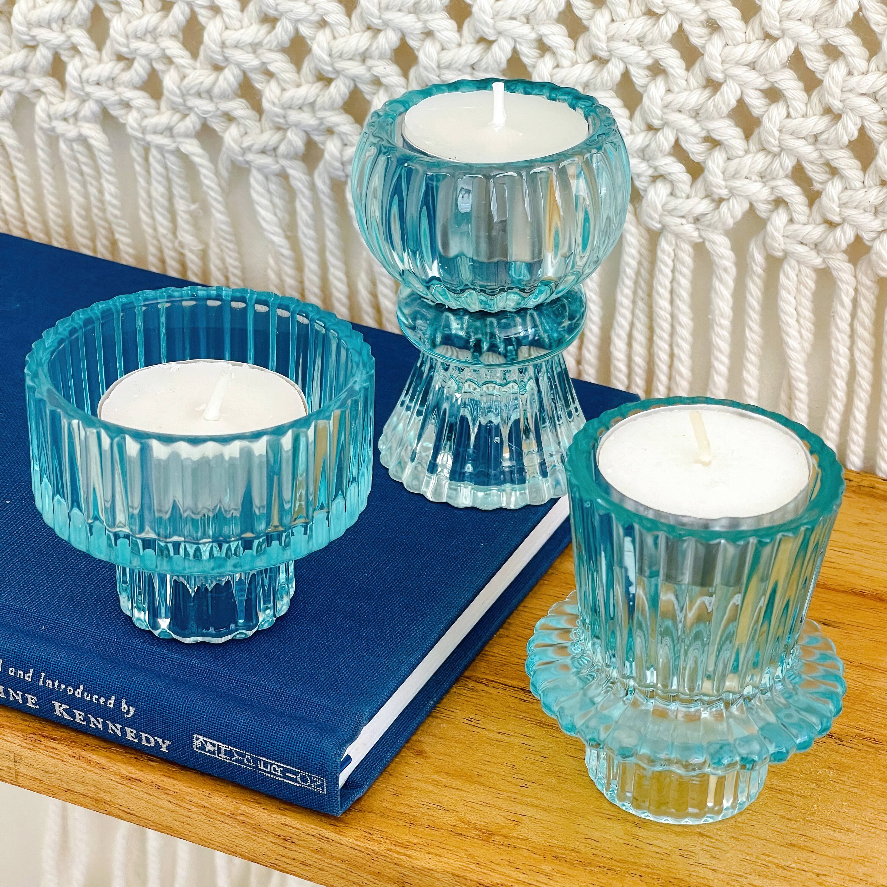 Kate Aspen® Assorted Vintage Ribbed Blue Glass Candlestick Candle Holder Set