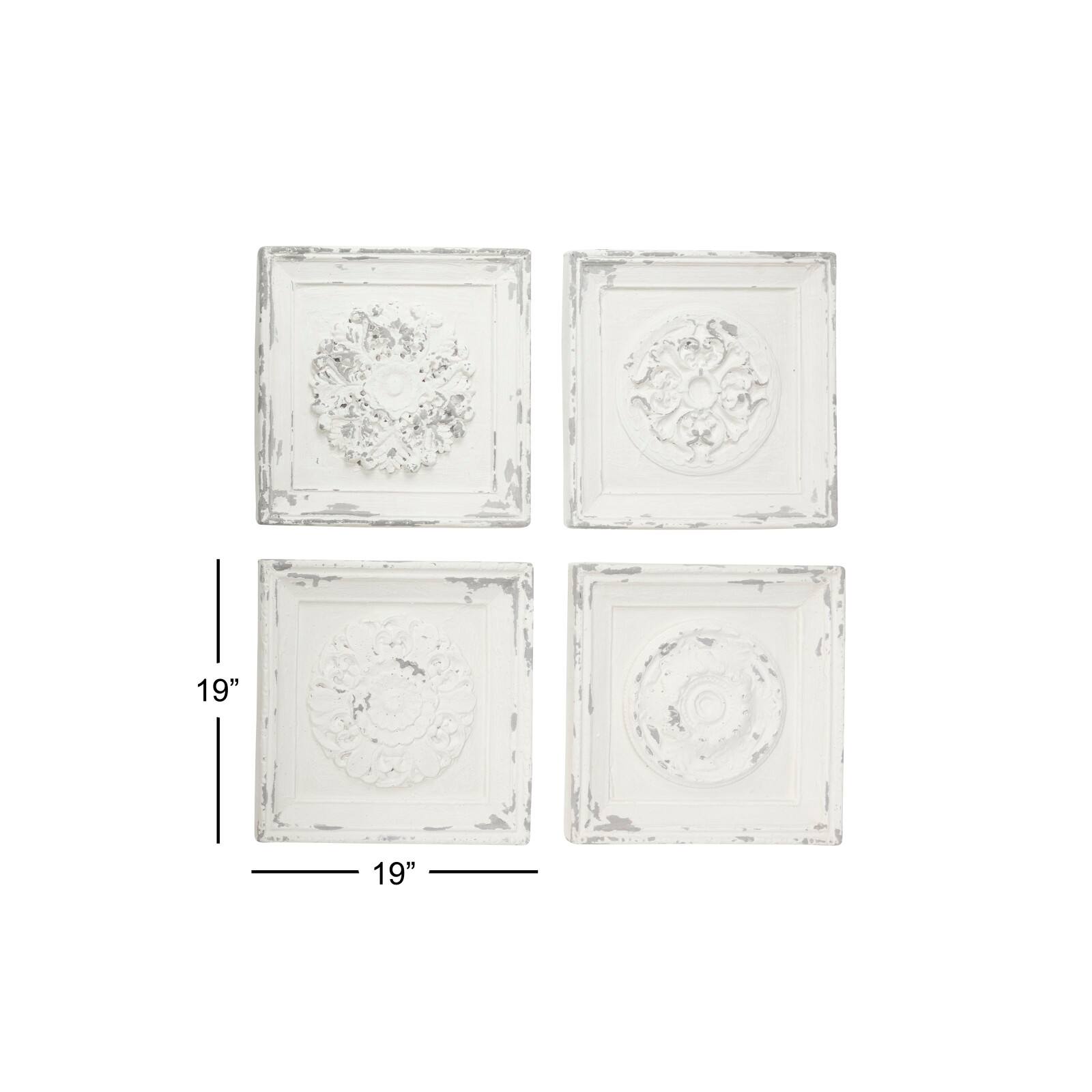 Set of 4 White Fiberglass Vintage Floral Wall Decor, 19&#x22; x 19&#x22;