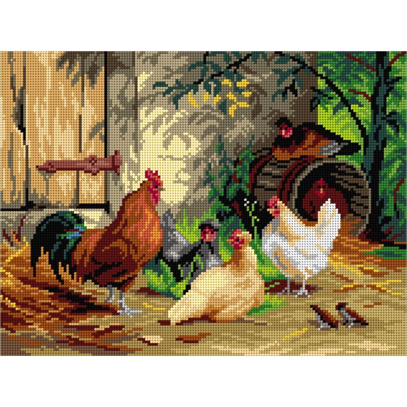 Orchidea Needlepoint Canvas For Halfstitch Without Yarn After Carl Jutz The Elder - Chickens In Front Of The Stable - Printed Tapestry Canvas
